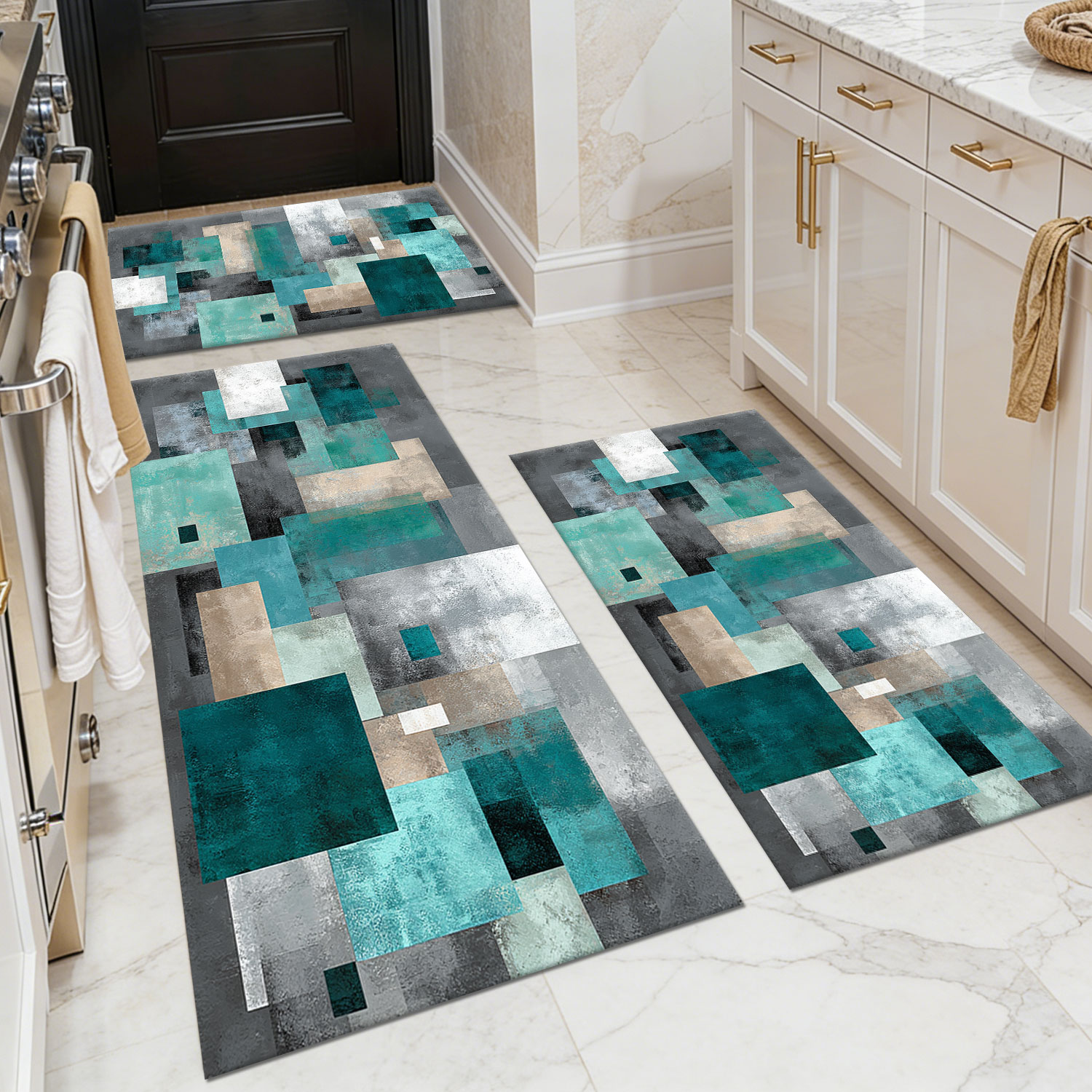 Set of 3 Artistic Blue-Grey Geometric Square Kitchen Floor Mats, Non-Slip and Machine-Washable, Wabi-Sabi Style Oil-Resistant & Waterproof Foot Mats