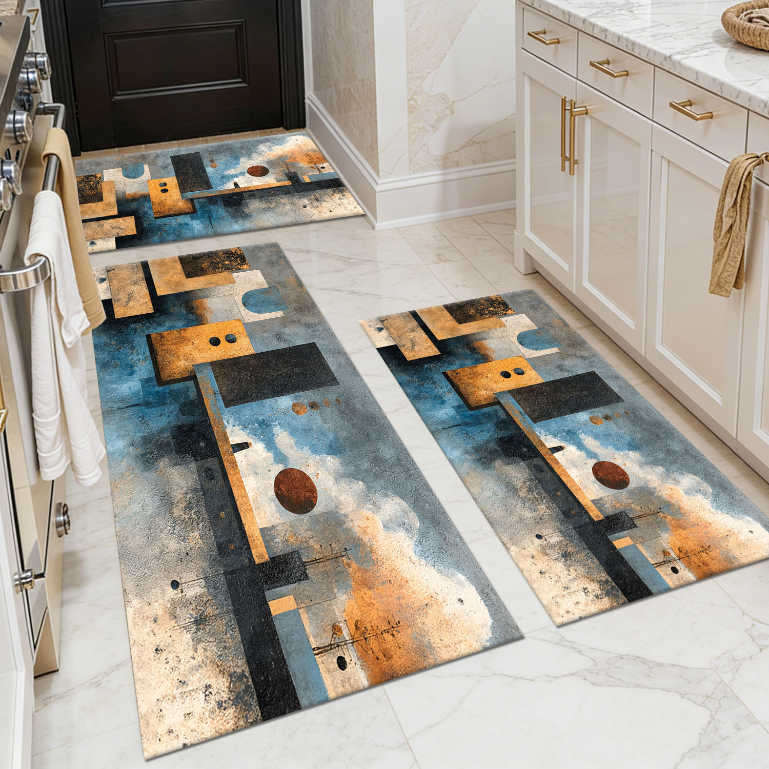 3-Piece Vintage Blue & Orange Abstract Geometric Kitchen Mat Set, Thick Non-Slip TPR Backing, Wear Resistant Oilproof Waterproof Washable Entryway Runner Rugs