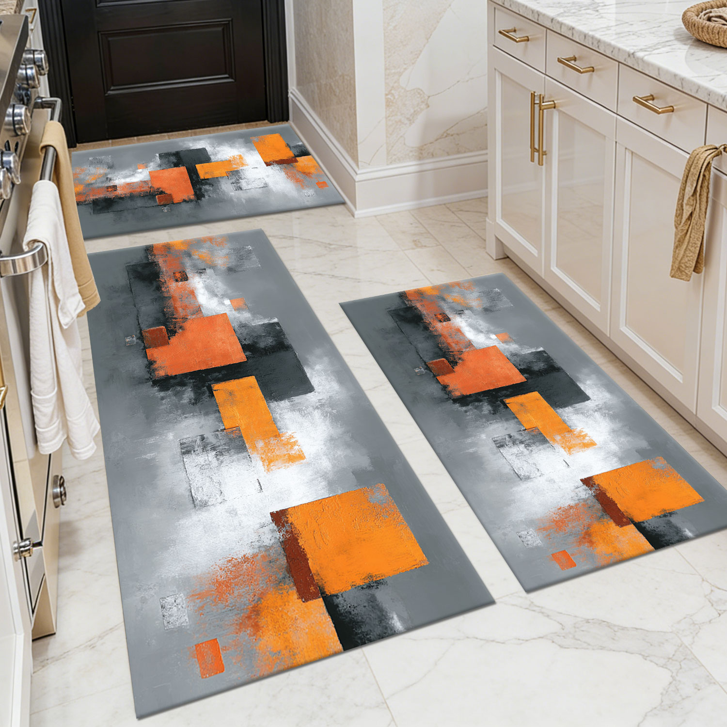 3-Piece Orange & Grey Abstract Geometric Oil Painting Kitchen Mat Set, Thick Non-Slip TPR Backing, Wear Resistant Oilproof Waterproof Washable Entryway Runner Rugs