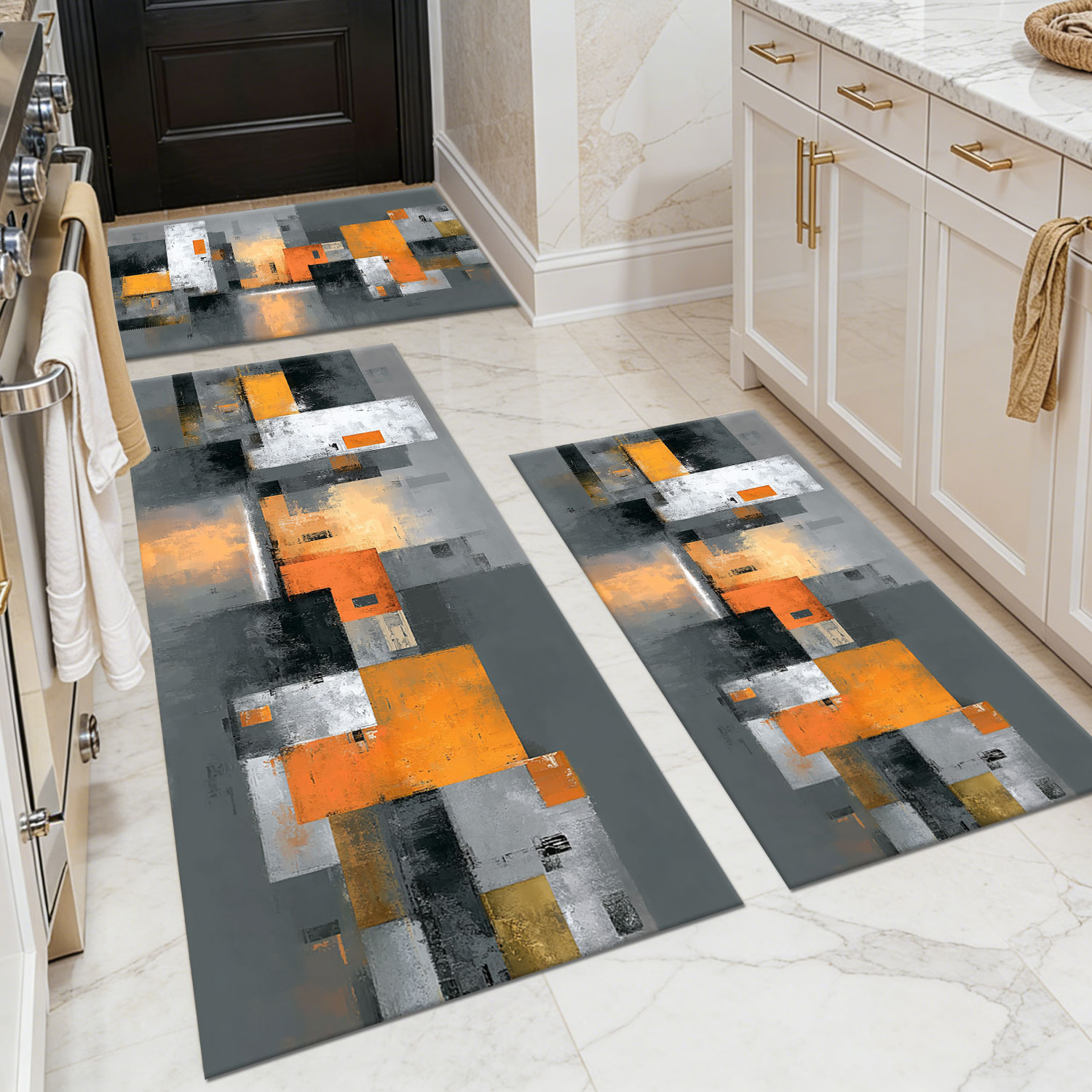 Set of 3 Modern , Orange, Brown, and Gray Geometric Abstract Kitchen Floor Mats – Non-Slip, Machine-Washable, Oil- and Water-Resistant Foot Mats
