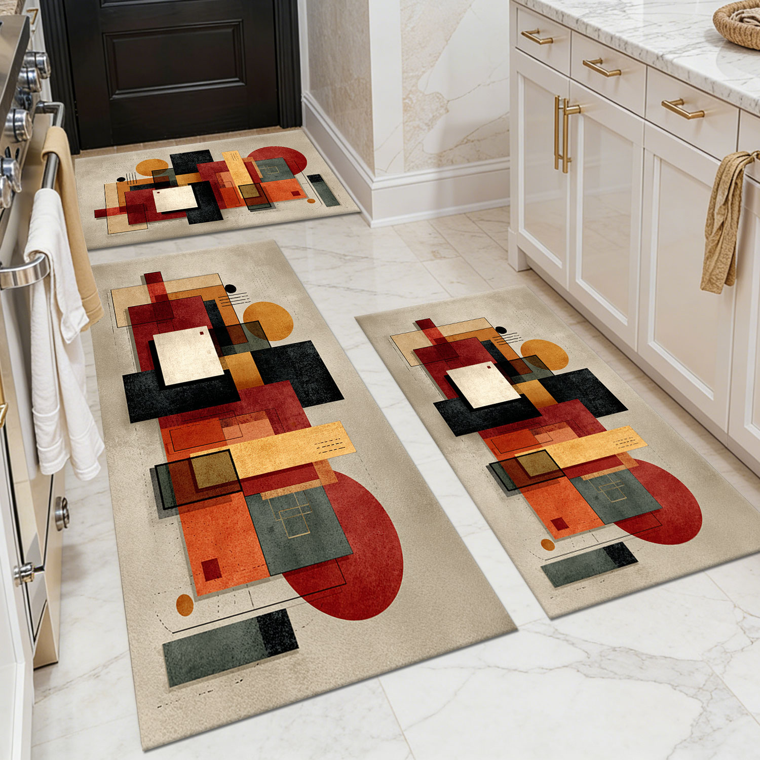3-Piece Vintage Red & Brown Abstract Geometric Kitchen Mat Set, Thick Non-Slip TPR Backing, Wear Resistant Oilproof Waterproof Washable Entryway Runner Rugs