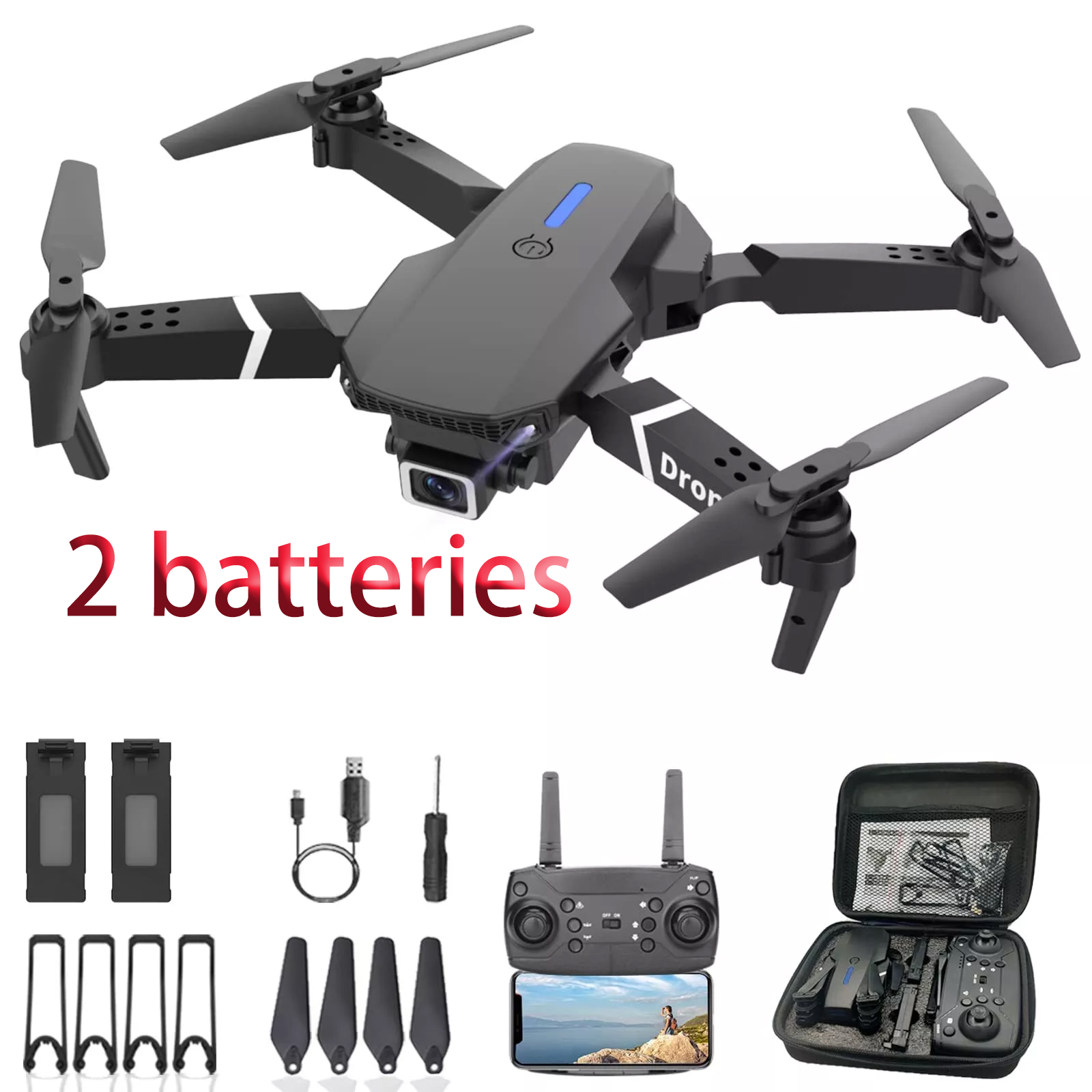 E88 PRO MAX Drone with 4K Dual Camera, 2 Batteries, Obstacle Avoidance, 1-Hour Return-to-Home, LED Lights, Foldable Quadcopter, Spare Propellers & Tools