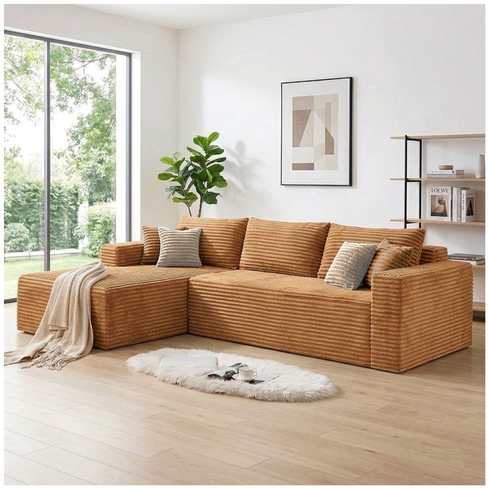 108 Inch Modular Boneless Cloud Sofa with Movable Ottoman, No Assembly, Corduroy, Brown