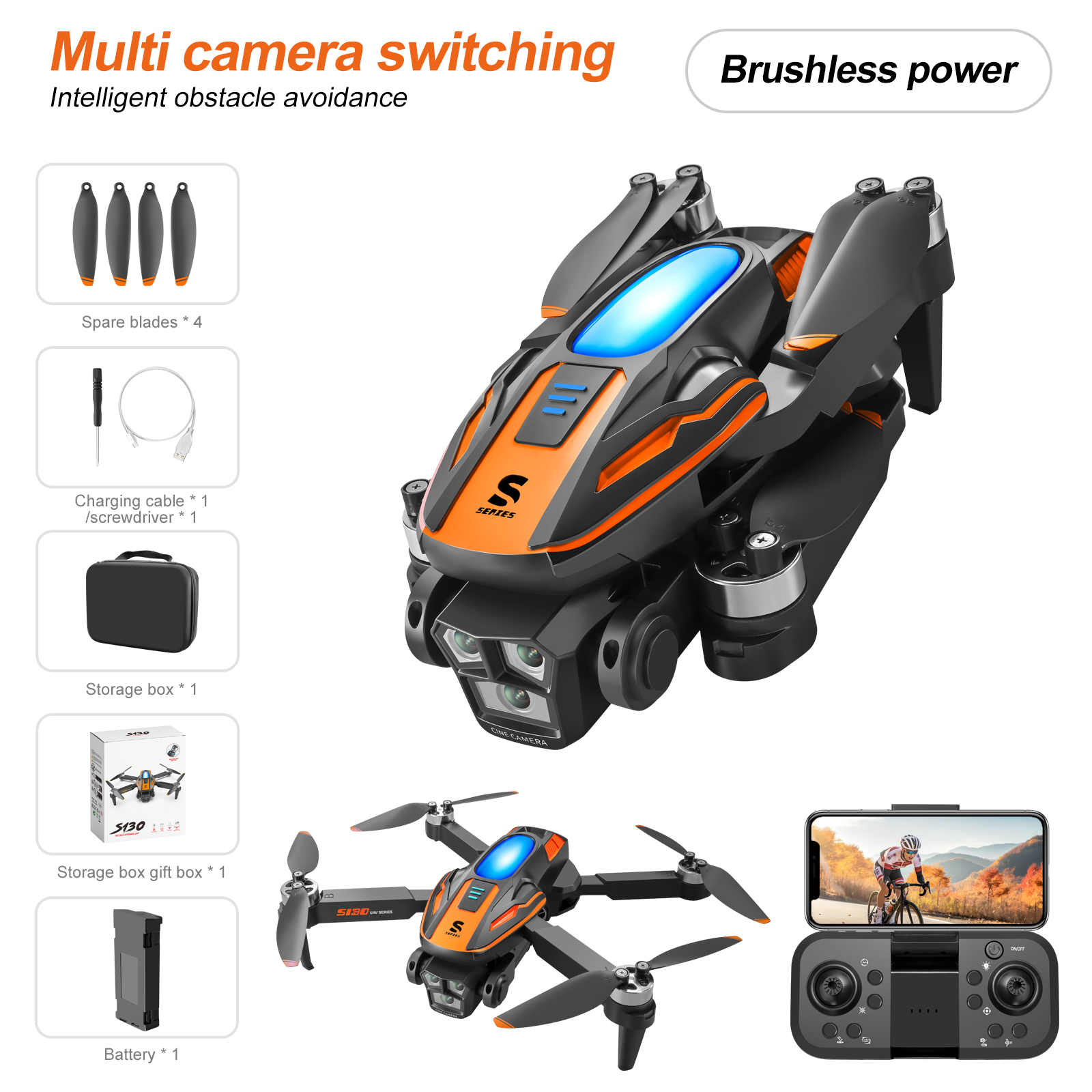 S130 Foldable Drone with 360° Obstacle Avoidance, Brushless Motor, Dual 4K Camera, 1/2 Battery Options, LED Lights, Easy to Fly, Gift for Kids and Adults