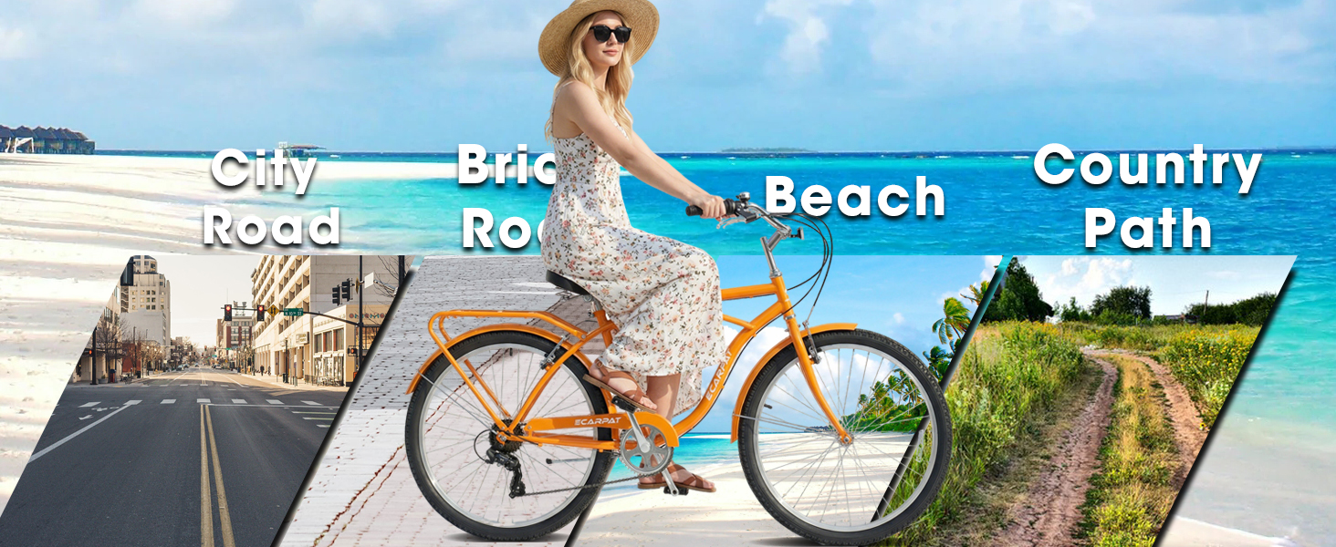 A26265B 26 Inch 7-Speed Beach Cruiser Bike for Men & Women High-Tensile Steel Frame & Lightweight Alloy Wheels with V-Brakes Multiple Colors for Leisure and Commuting