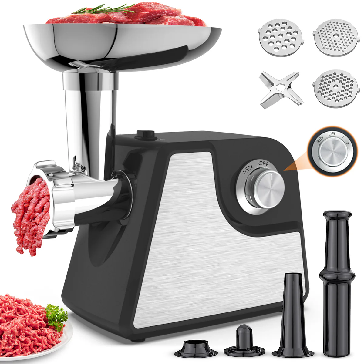 LINKChef Meat Grinder 2400W 2-Speed Electric Meat Grinder Sausage Stuffer 3 Grinding Plates ETL Black