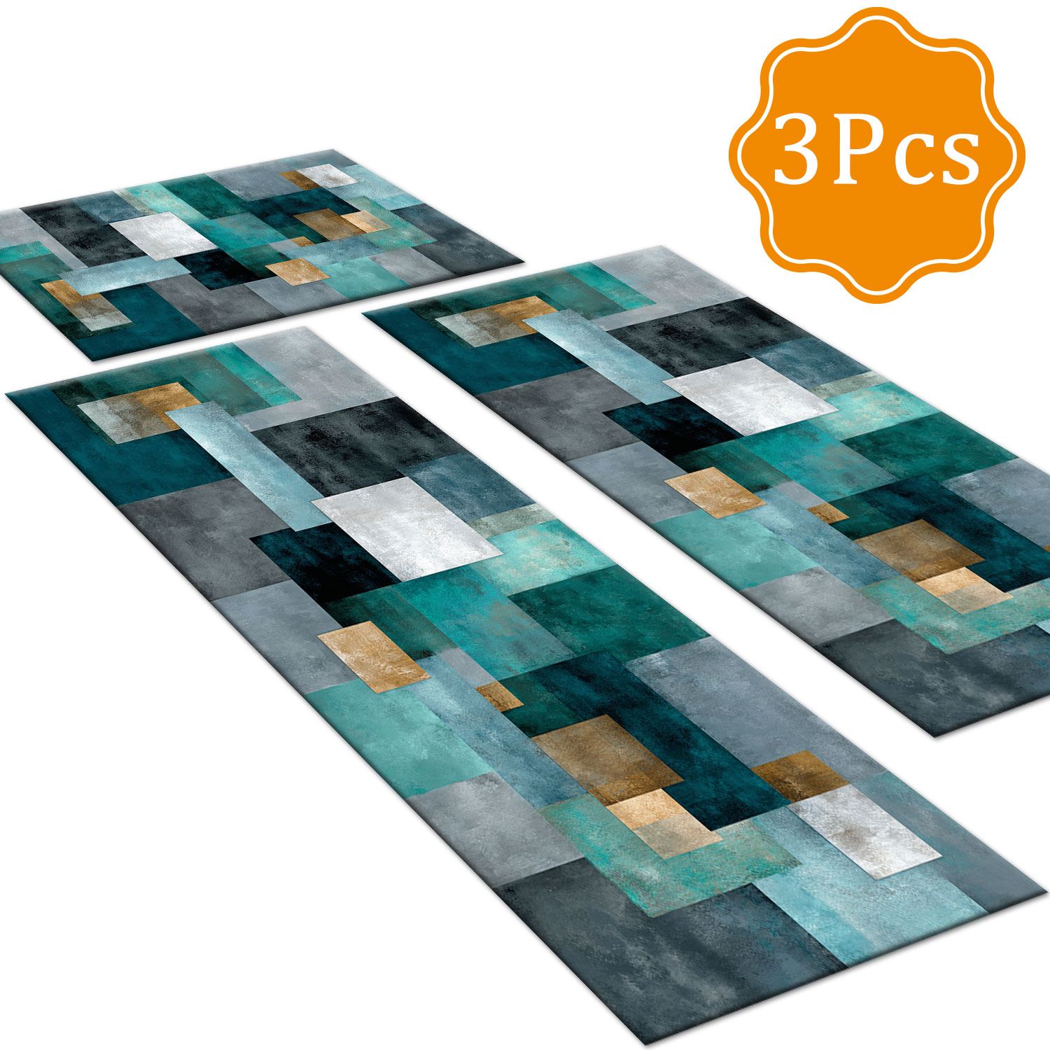 3Pcs Teal Grey Abstract Block Kitchen Rug Set, Non-Slip TPR Backing, Washable Oilproof Floor Mats