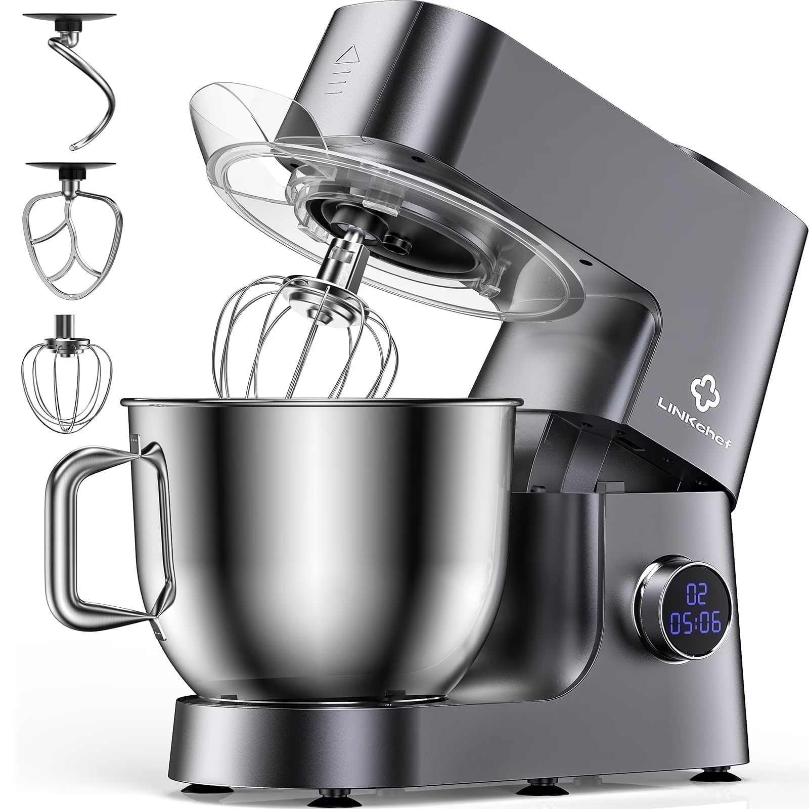 LINKChef 7.4 QT Stand Mixer 800W 12-Speed Tilt-Head Food Mixer with Dough Hook Wire Whip Beater Grey