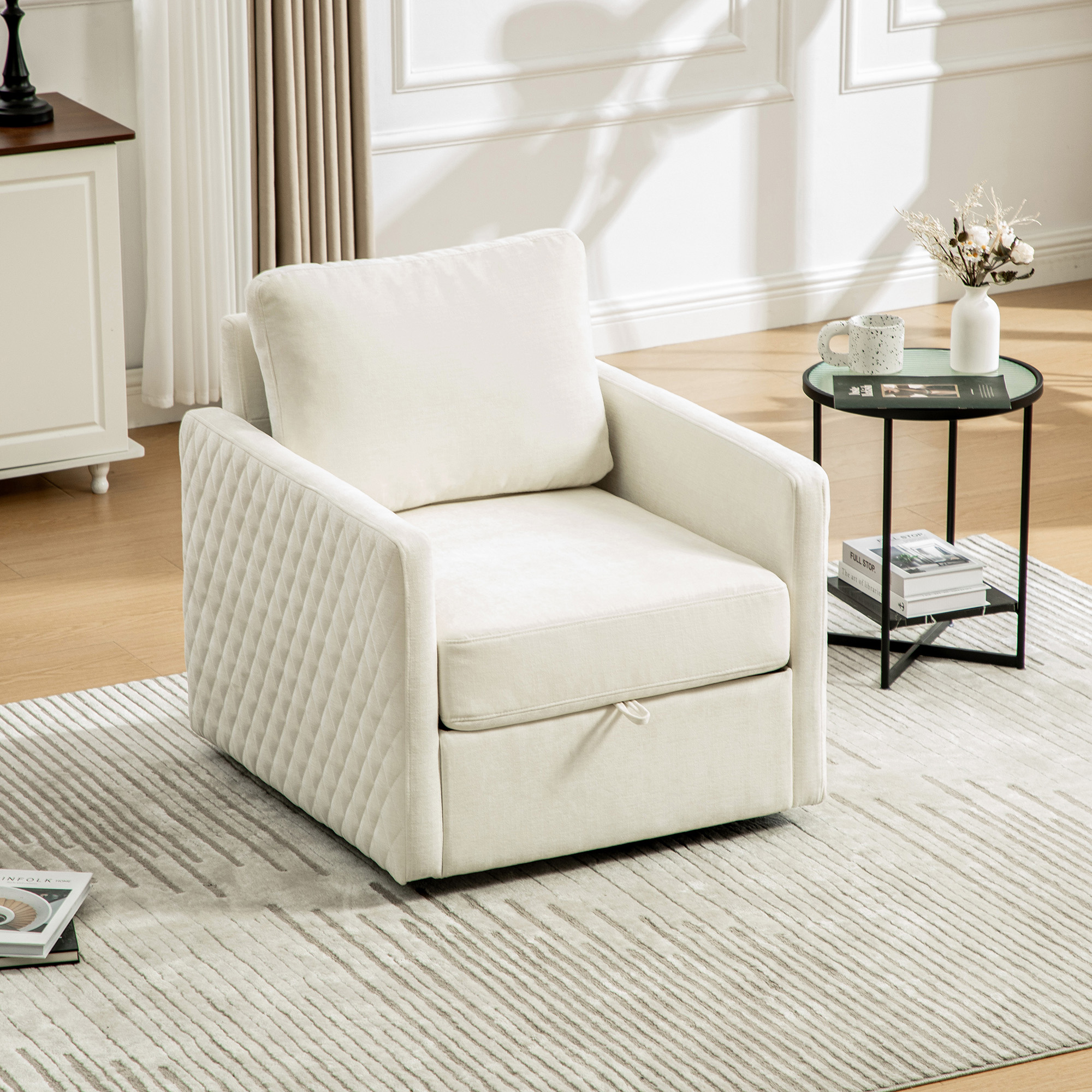 29.5''W Upholstered 360° Swivel Armchair with Hidden Storage, Comfy Diamond-Shape Tufted Armrests Accent Square Club Chair Single Sofa with Pillow for Living Room, Bedroom,Reading Nook,Corner, Beige