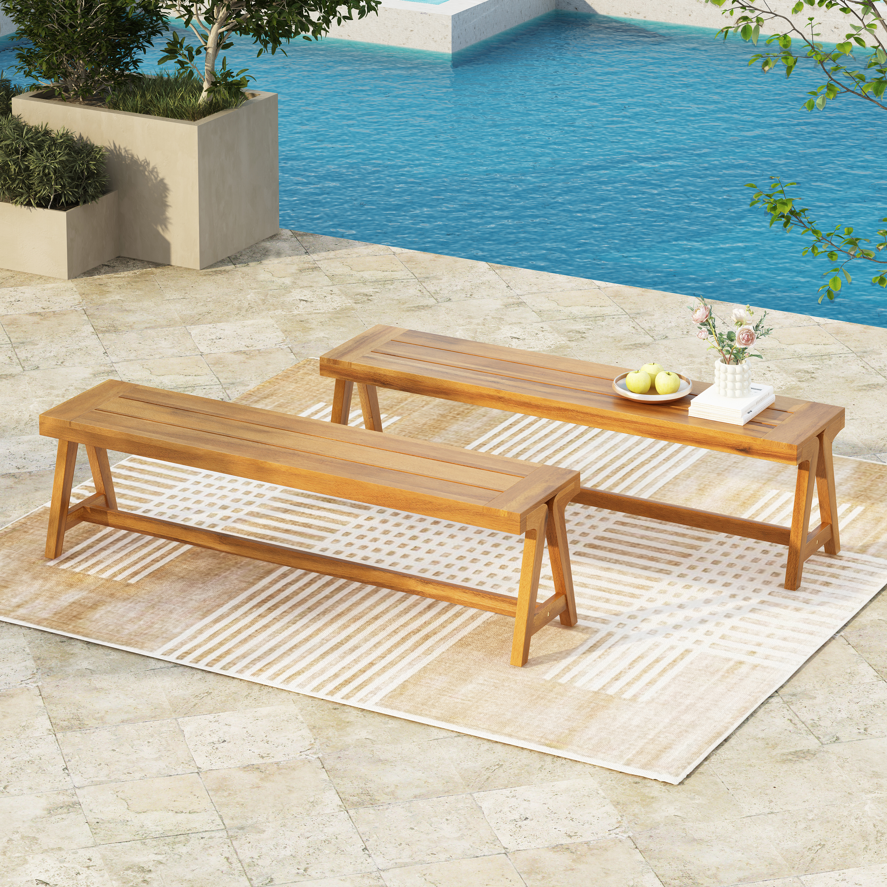 WOODEN BENCH WITH CUSHION - OUTDOOR PATIO ENTRYWAY BENCH, DURABLE ACACIA WOOD