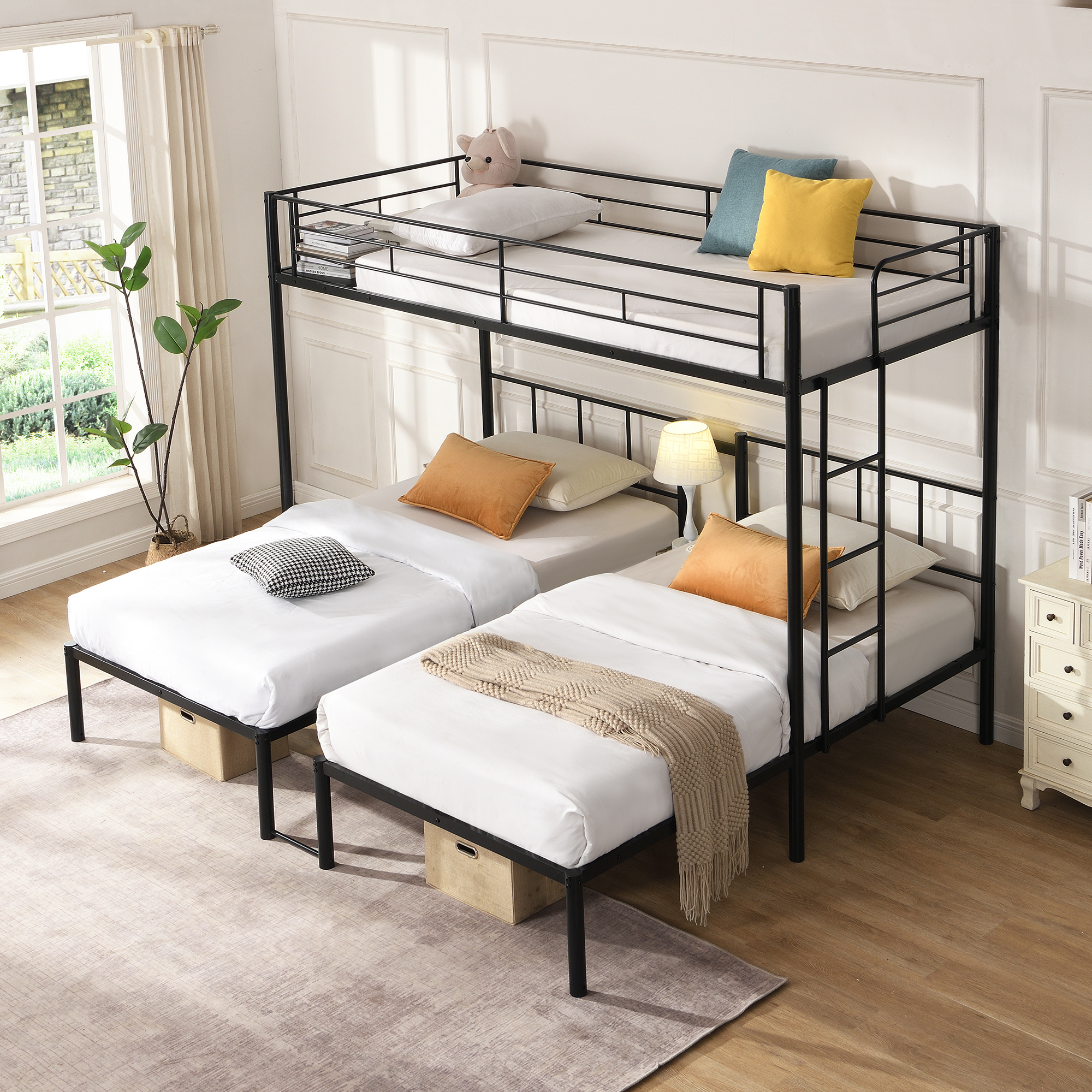 Twin Over Twin Over Twin Bunk Bed ,Triple Bunk Bed With a vertical ladder, Metal Frame Bunk Bed with Safety Rail, Twin Over Twin Over Twin Triple Bunk