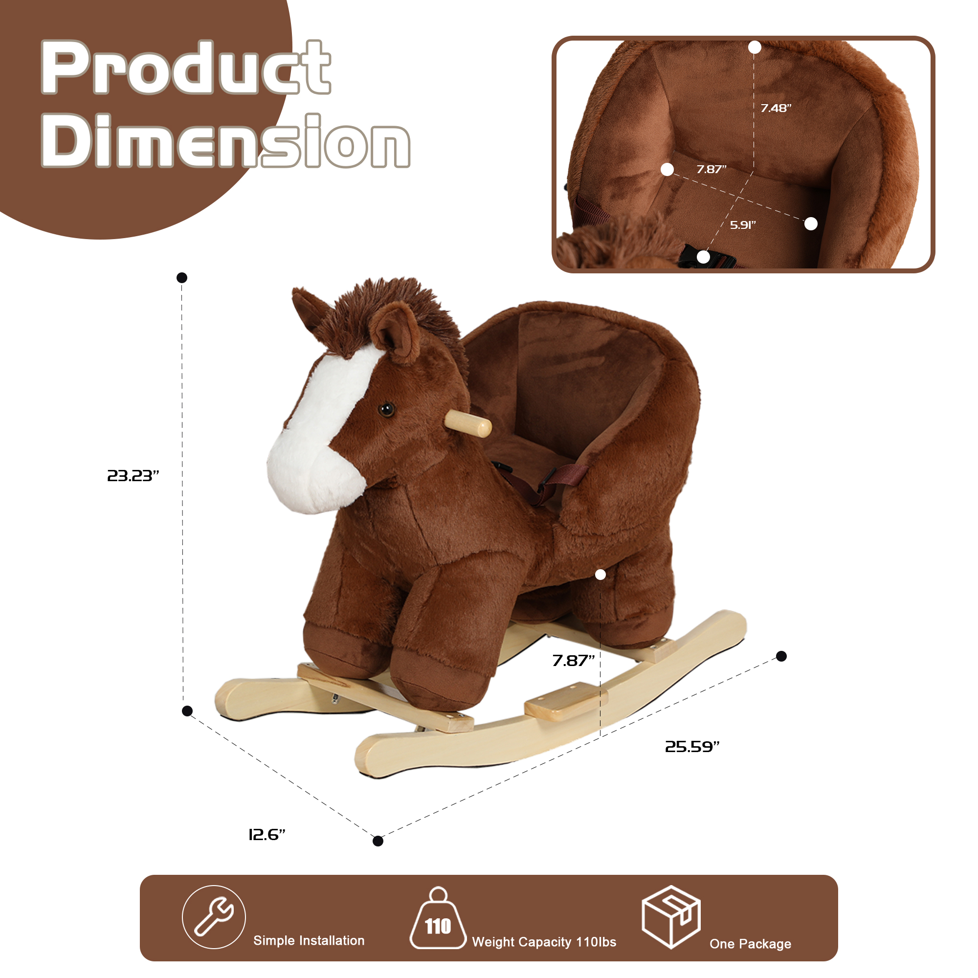Kids Ride-On Rocking Horse Toy with horse sounds, Horse Rocking Toy with Hand Puppets and Safety Belt For Children 1-3 Years,Soft Plush Fabric,Brown,CPC Certified