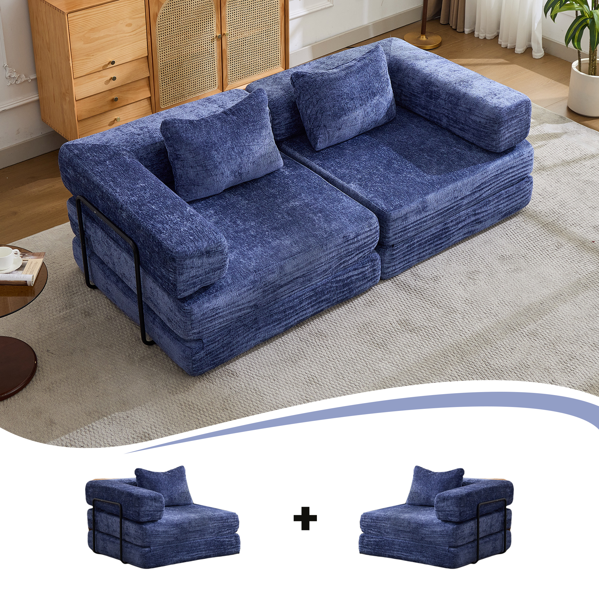 Compression Sofa,Convertible Floor Sofa Bed with Fixed-Shape Frame, Loveseats Boneless Modular Sectional Sofa,No Assembly Required,Chenille fabric,for Living Room Bedroom,Dark Blue