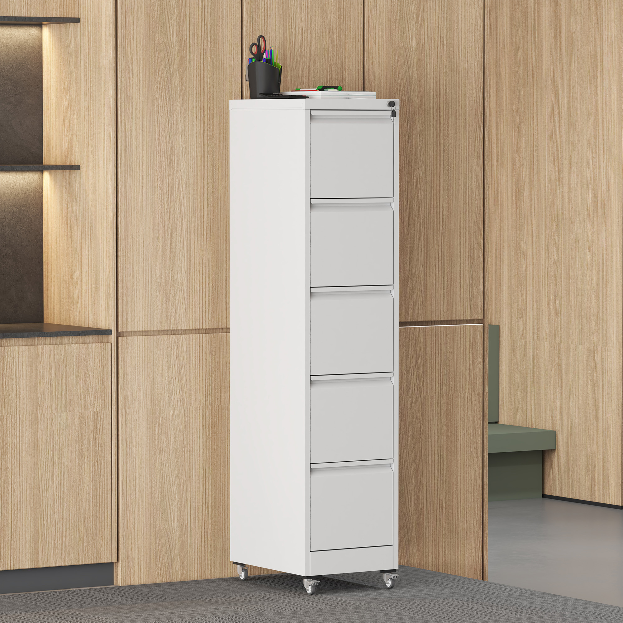 5 Drawer Metal Vertical File Cabinet with Lock on Wheels for Home Office,Heavy Duty Metal Storage Cabinet for A4/Letter/Legal Size Files, White, 17.71