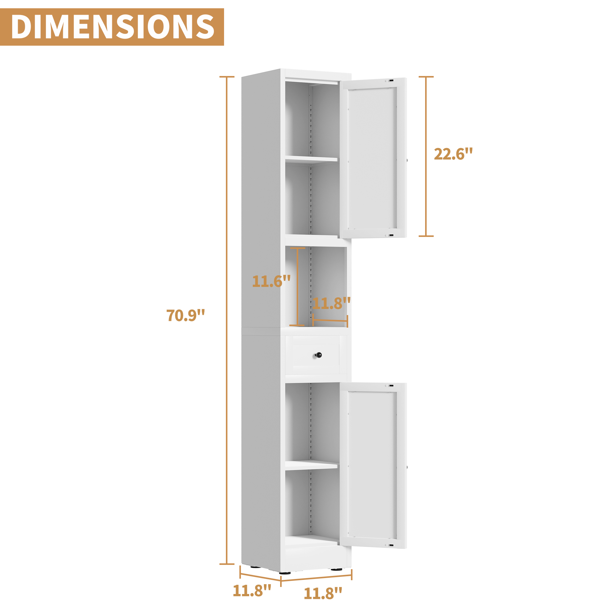 71 Inch Tall Bathroom Storage Cabinet, 5-Tier Narrow Metal Cabinet with 2 Doors & Adjustable Shelves, Freestanding Cabinet for Space Saving in Kitchen, Laundry Room, Pantry, White