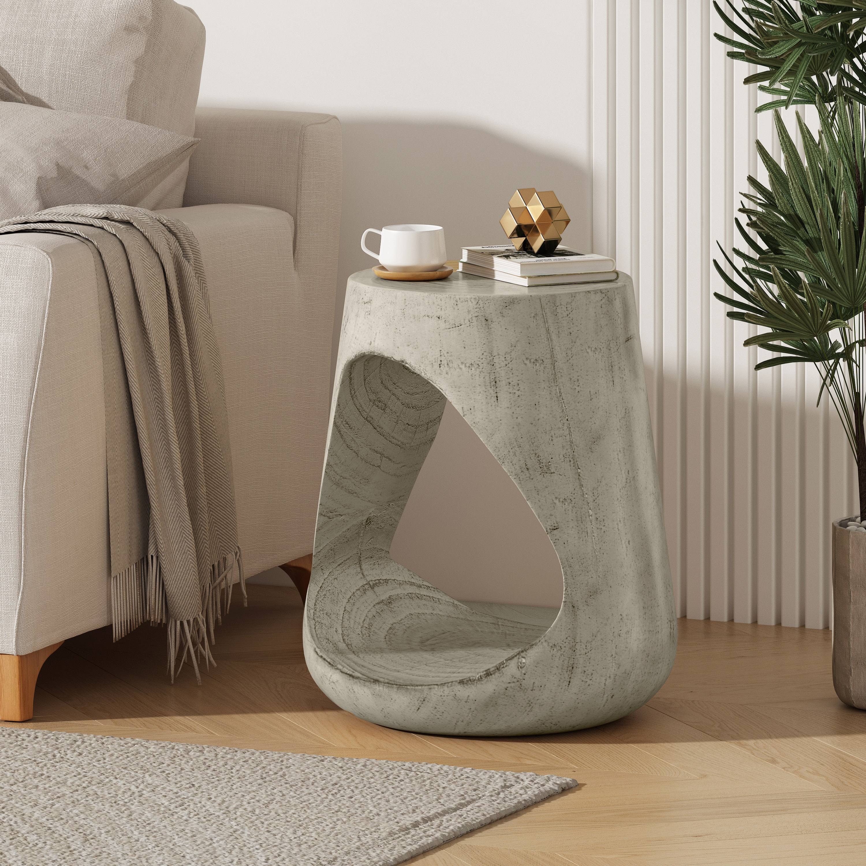 MGO Hollow Side Table, Wood-like texture, GREY Color