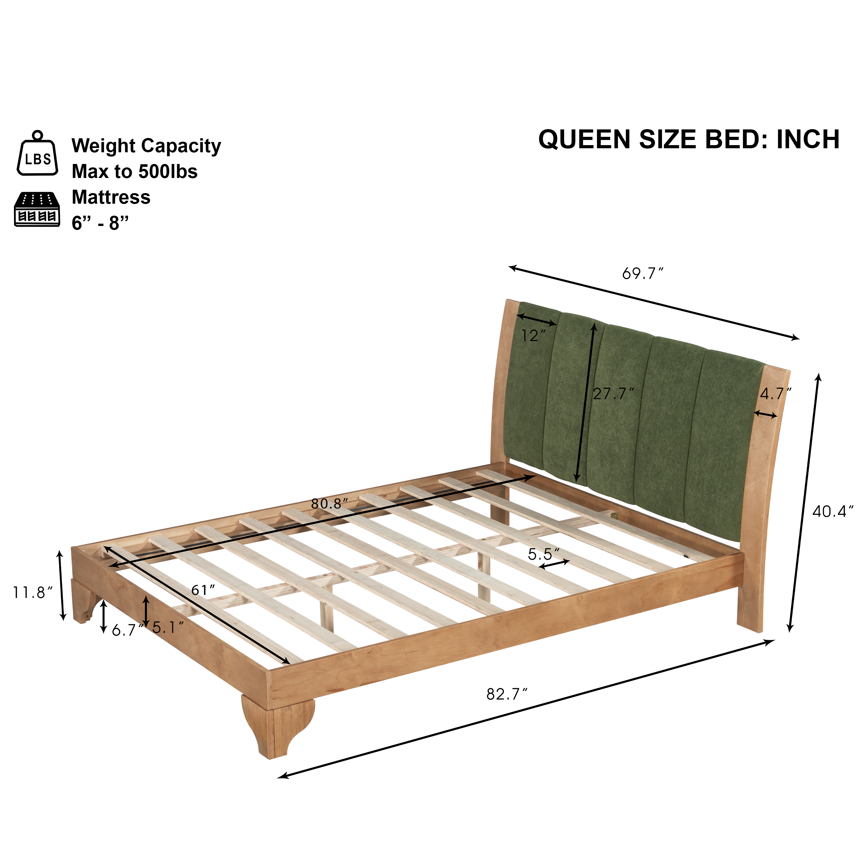 Premium Pine Wood Queen Bed Frame,Queen Size Bed Frame with Headboard Included,Mid Century Modern Bed,Natural&Green Color
