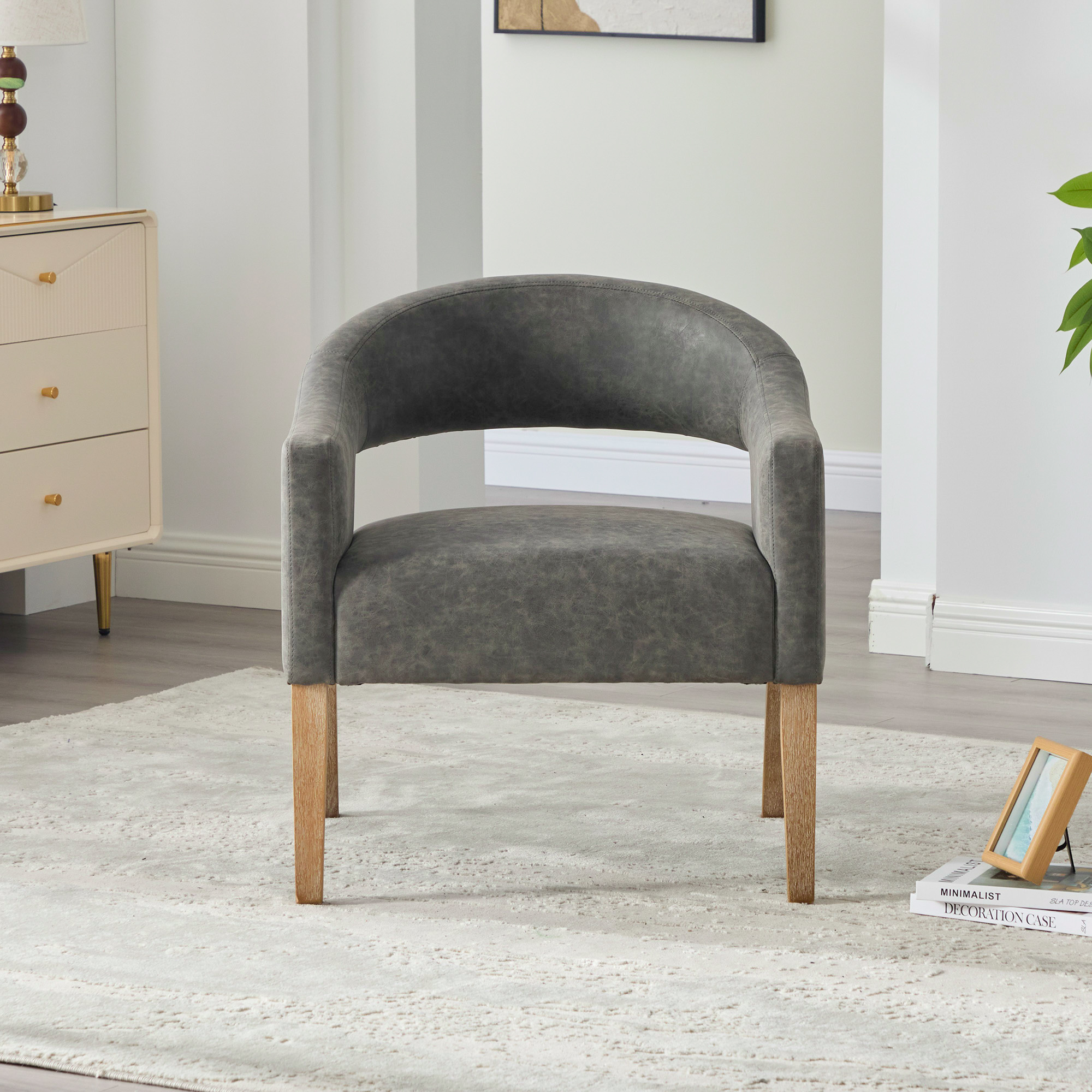 Modern Upholstered PU Open Back Accent Armchair Barrel Dining Chair with Weathered Rubberwood Legs, Hollow-Out Side Club Chair for Living Room Bedroom Restaurant Cafes Dining Room Reception,Gray