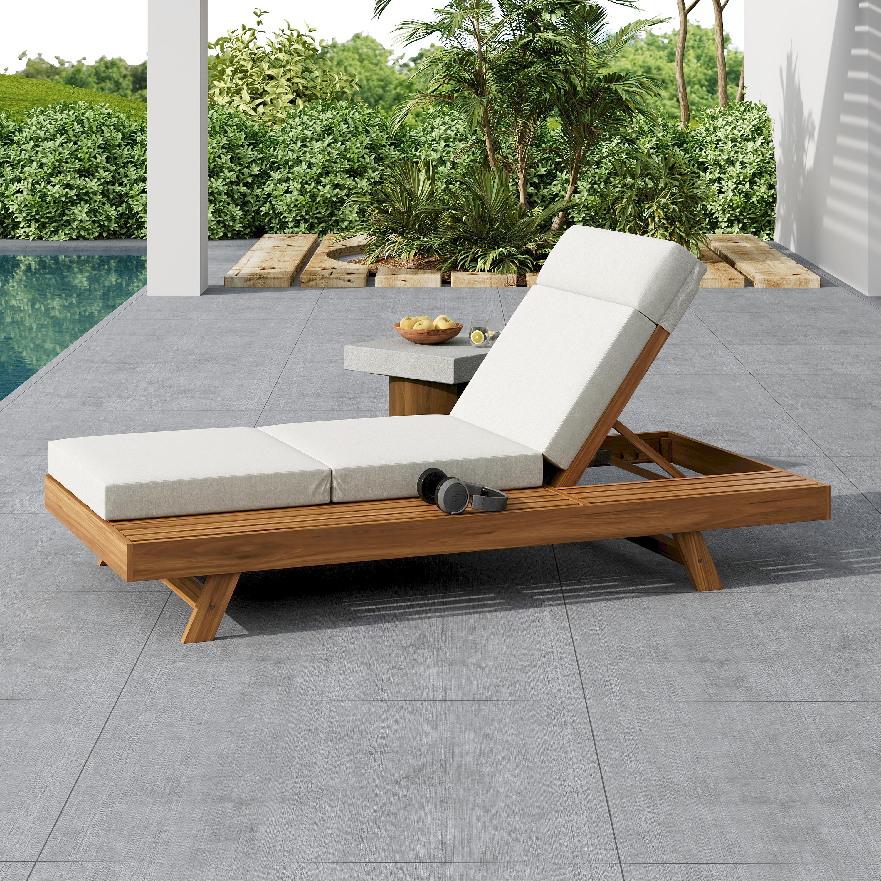 LOUNGE CHAISE SET WITH HEADREST,SPACE AVAILABLE ON ONE SIDE, ACACIA WOOD WITH WATER-RESISTANT LOUNGE CUSHIONS (CREAM & 3-FOLD & 4 inch) - MATCHING DARK GREY/BEIGE VERSION AVAILABLE