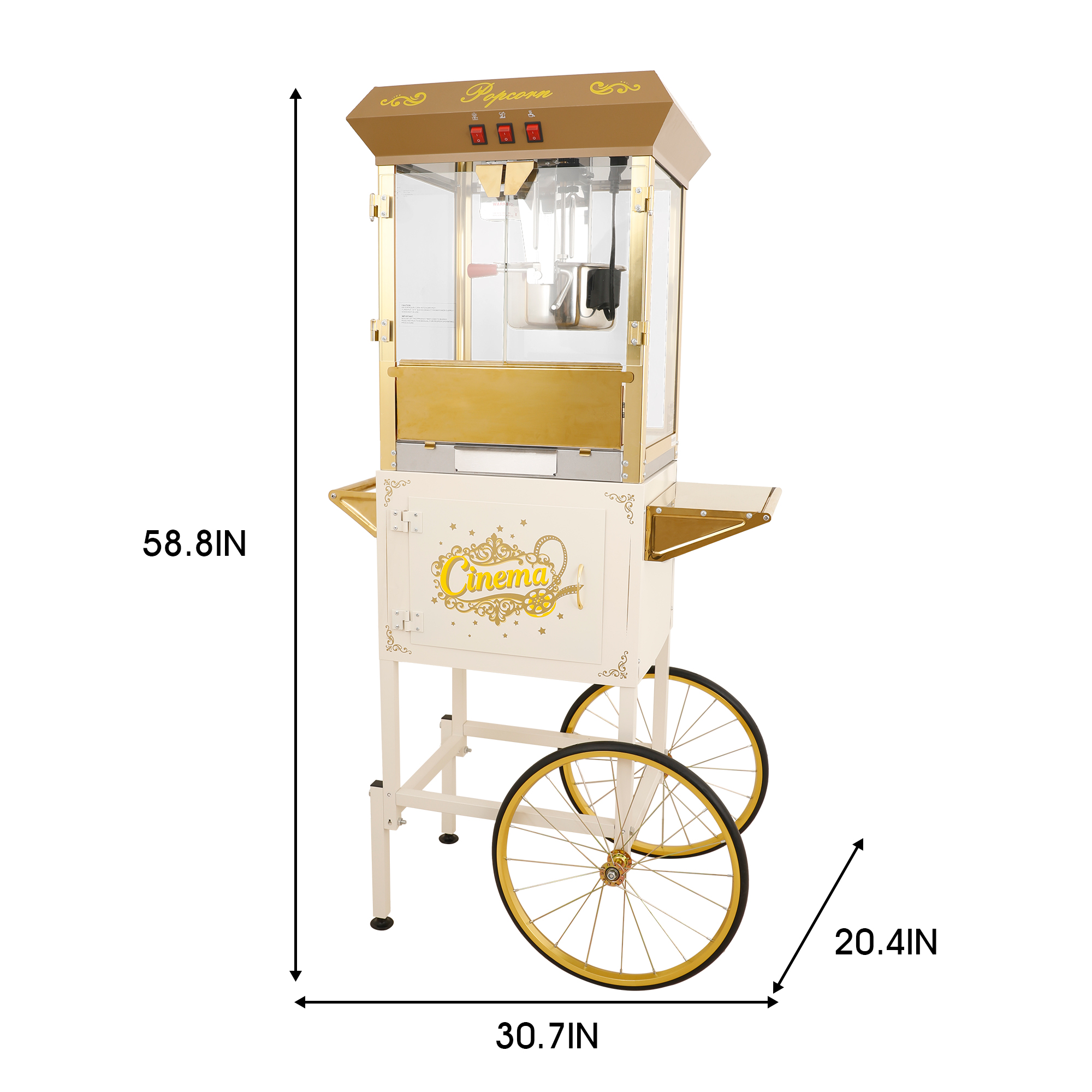 16Oz Commercial Popcorn Machine With Cart and 16 Oz Kettle , Movie Theater Popcorn Machine, golden white Pop Corn Machine with 3-Switch Control & Steel Frame Tempered Glass Doors