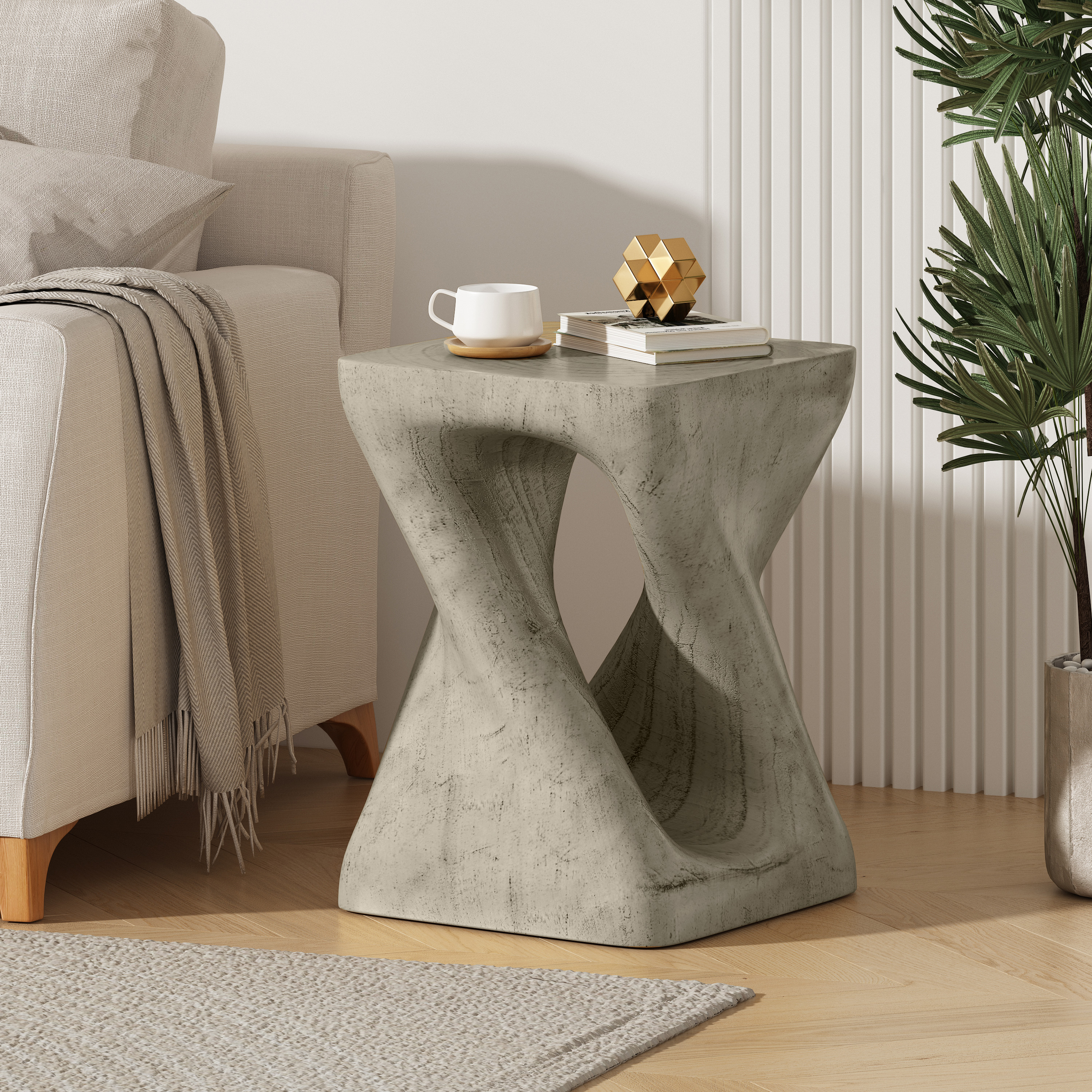 MGO Twist Shape Side Table, Wood-like texture, Grey Color