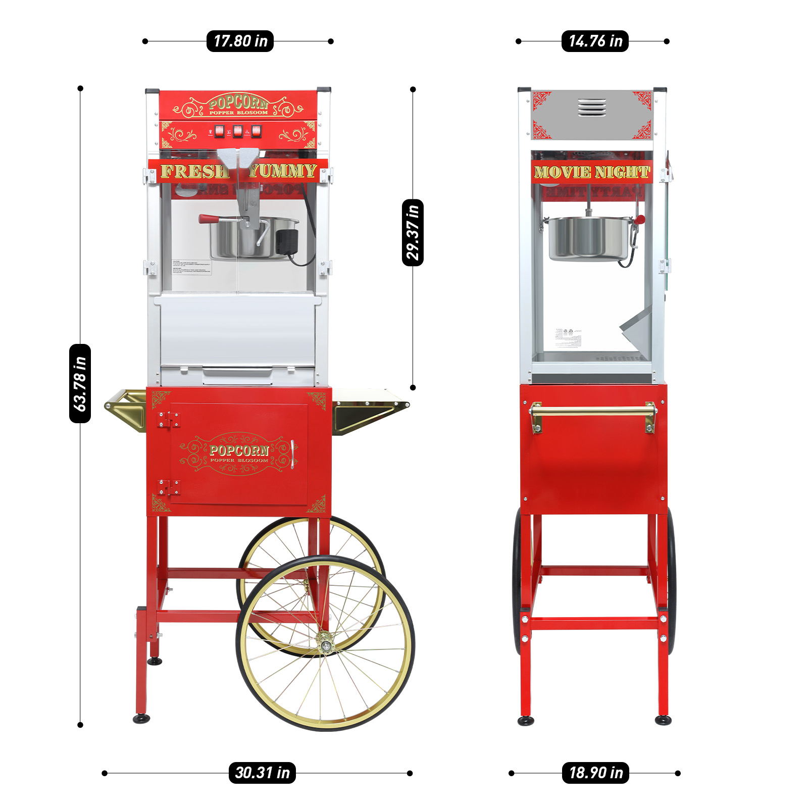 Popcorn Machine with Cart: This popcorn machine on wheels combines an antique-style design with modern features. The cart includes bicycle-style wheels and a cabinet with storage space for popcorn
