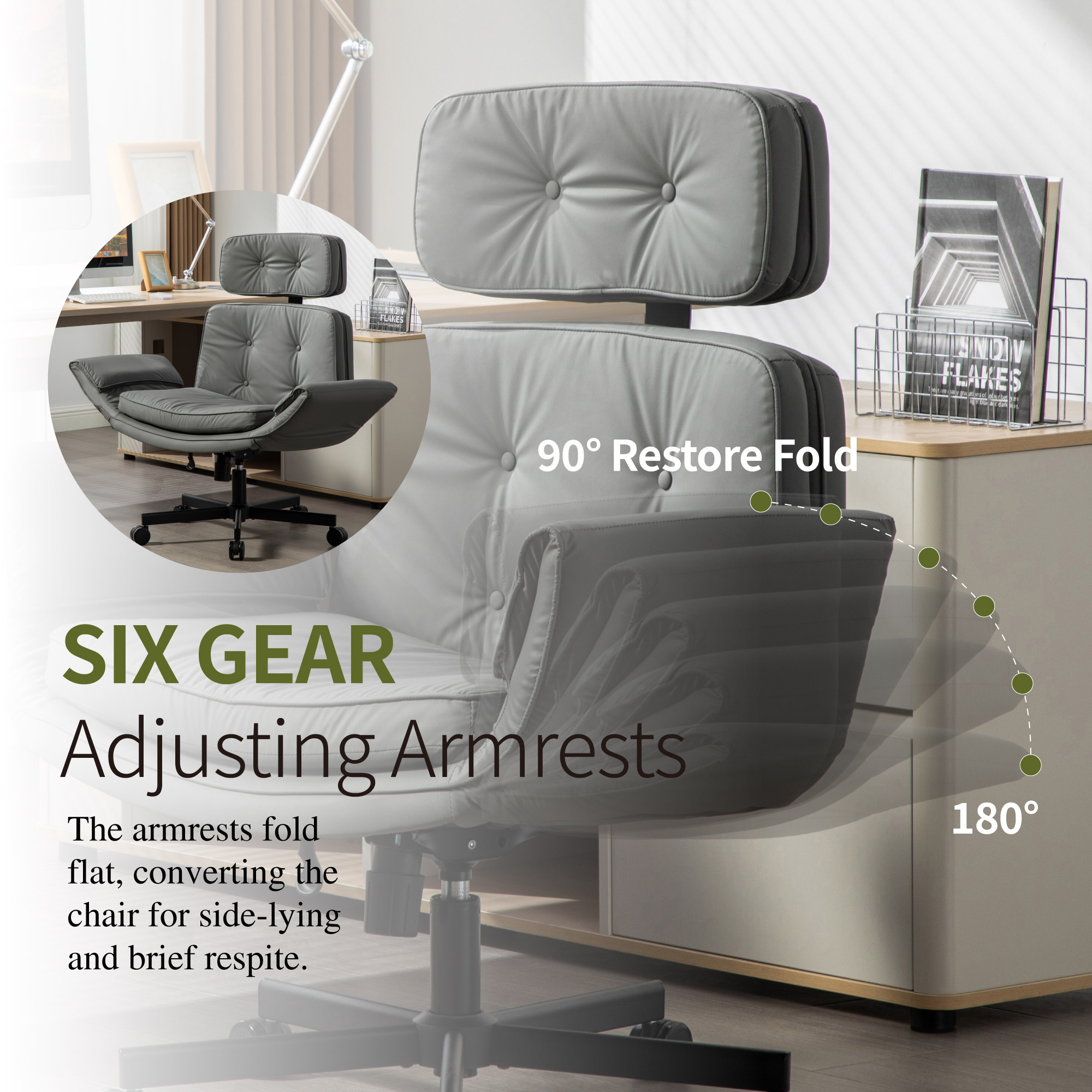 Criss Cross Chair with Adjustable Armrests & Wheels & Headrest, PU Lounge Vanity Desk Chair with Wide Seat for Cross-Legged Sitting, Swivel Task Office Chairs for Home, Makeup, Gaming, Office, Gray