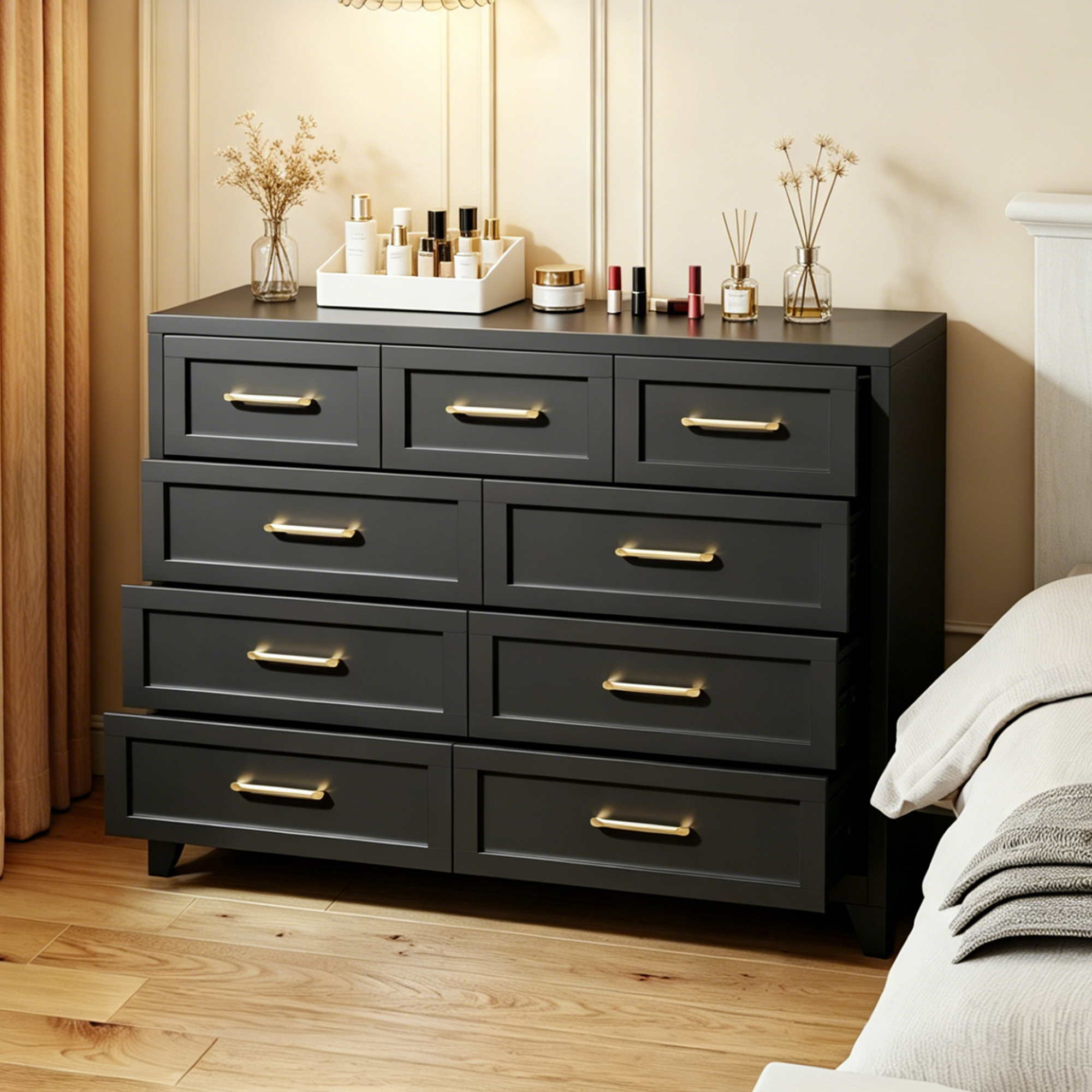 9-Drawer Tall Dresser, Black Metal Storage Cabinet with Smooth Gliding Fabric Bins, Tallboy Dresser for Bedroom, Narrow Storage Tower