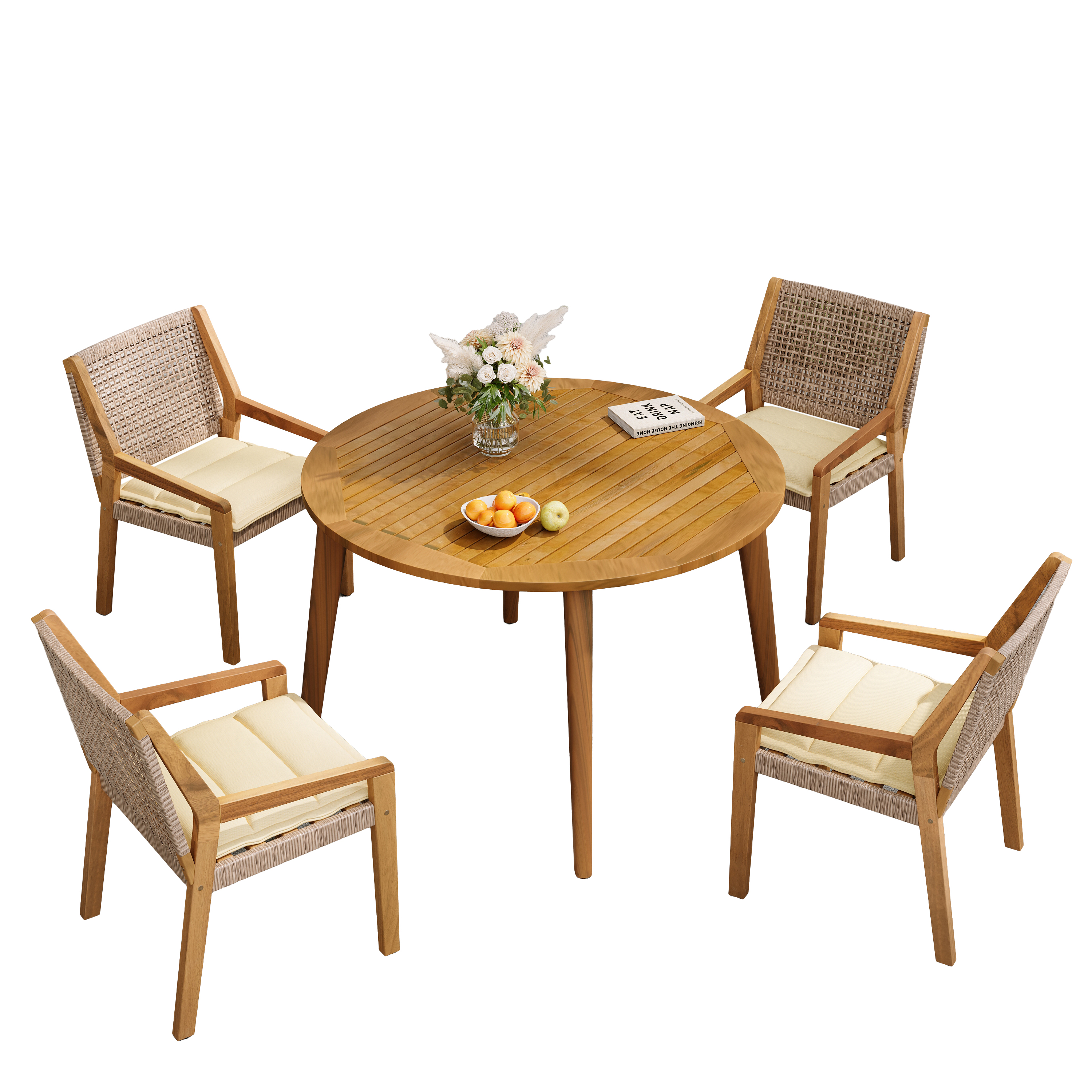 Acacia Wood,Wicker Brown Mix,Cream,Teak Outdoor Seating - Solid Acacia Wood Frame - Perfect for Patio, Lawn, Poolside & Garden