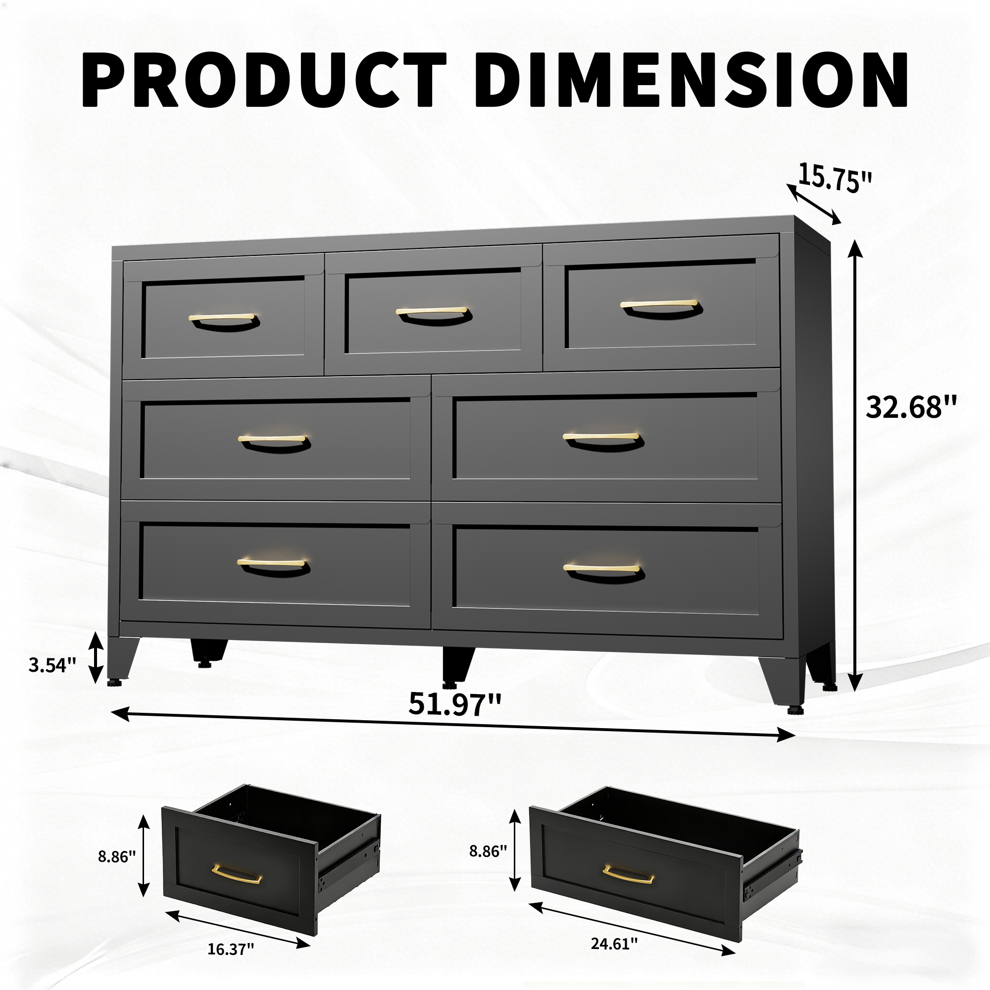 7-Drawer Dresser, Wide Low-Profile Storage Cabinet, Black Metal Chest of Drawers for Bedroom, Living Room & Entryway