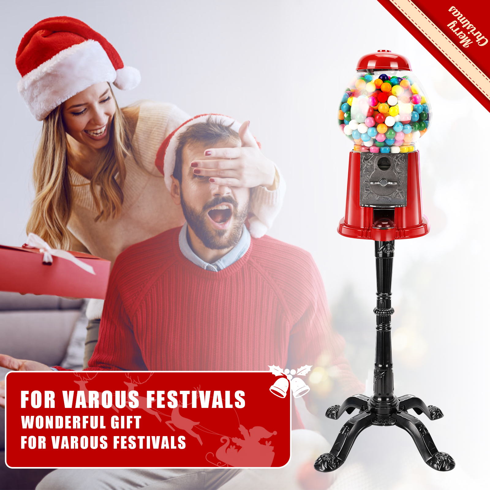 15 Inch Commercial Red Big Gumball Machine With Stand Key-Operated Uncharged Candy Dispenser Machine Bubble Gum Machine Coin Operated Metal Candy Machine Halloween Christmas Fun Party Gift XH