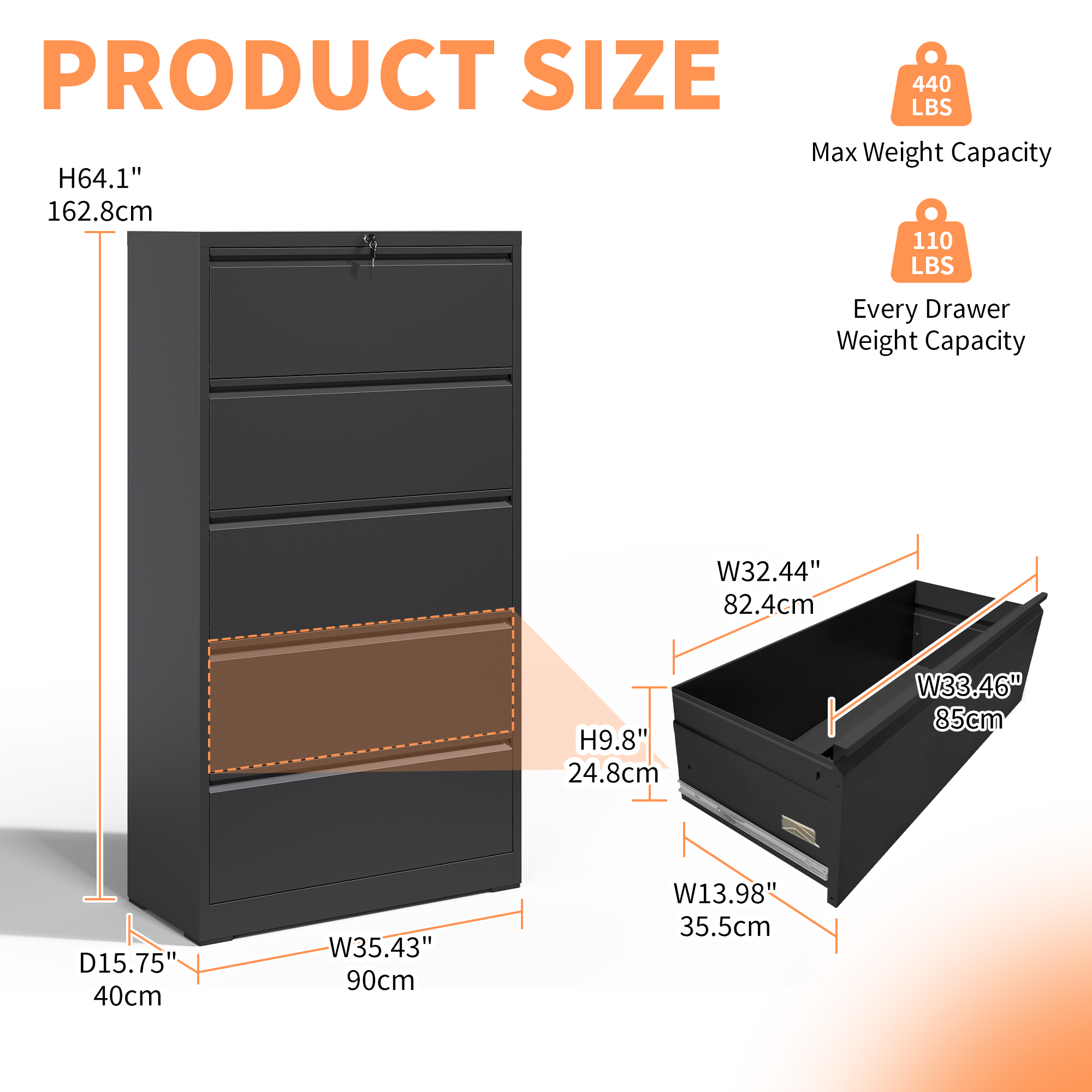 5 Drawer Metal Lateral File Cabinet , Black Filing Cabinet with Lock, Lockable File Cabinet for Home Office, Locking Metal File Cabinet for Legal/Letter/A4/F4 Size