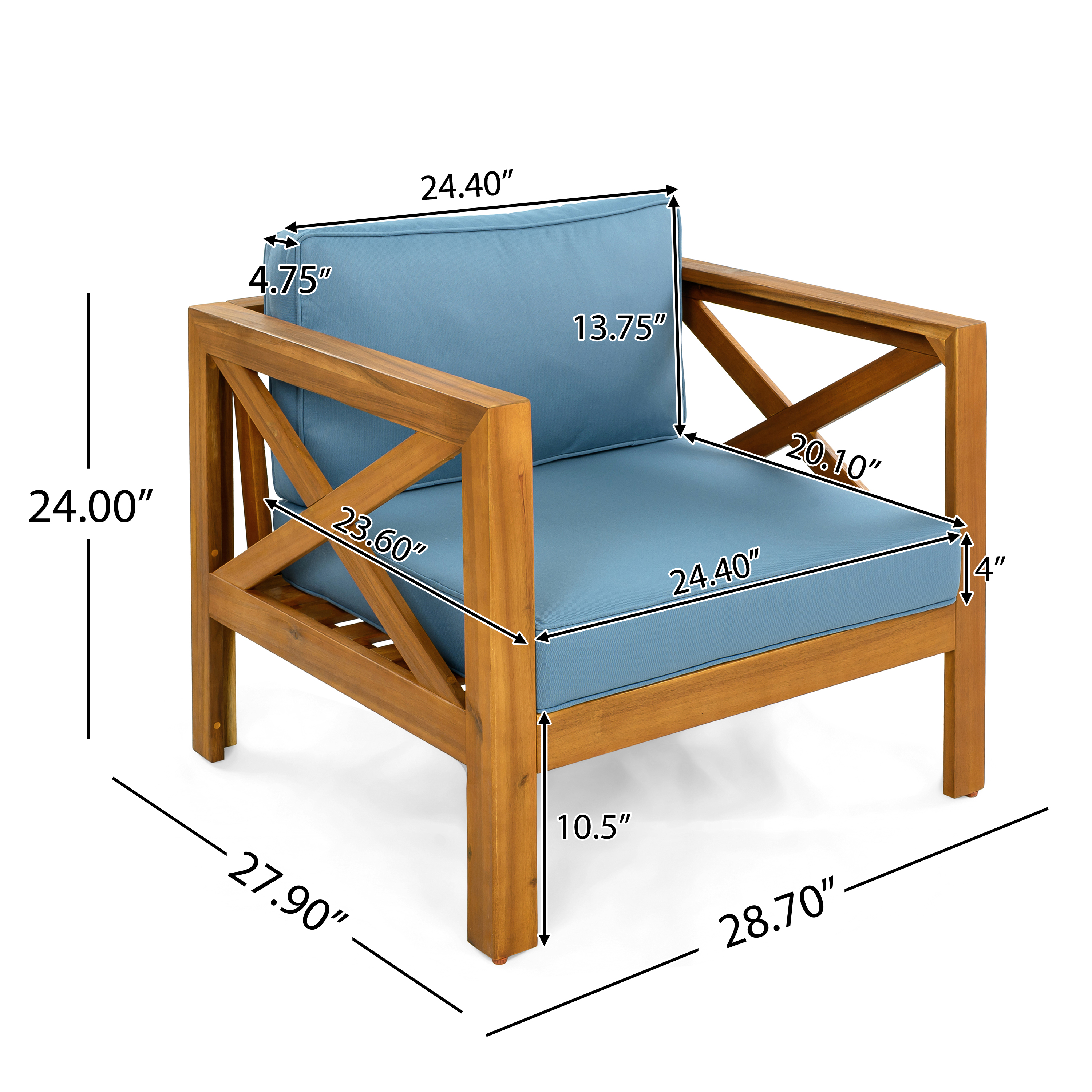 Acacia Wood,Fabric,Waterproof Fabric Blue,Teak Outdoor Chair - Solid Acacia Wood Frame - Perfect for Patio, Lawn, Poolside & Garden