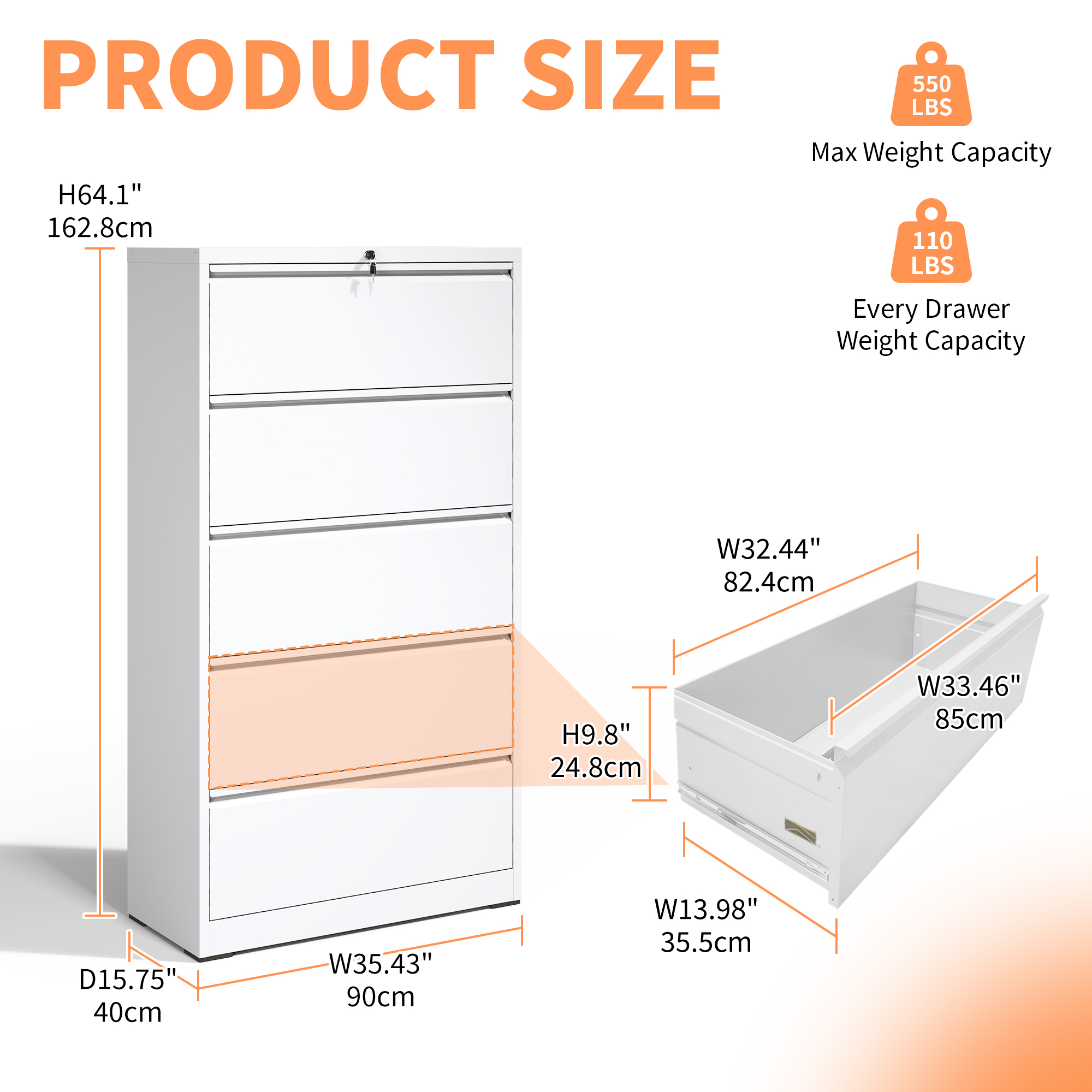 5 Drawer Metal Lateral File Cabinet , White Filing Cabinet with Lock, Lockable File Cabinet for Home Office, Locking Metal File Cabinet for Legal/Letter/A4/F4 Size