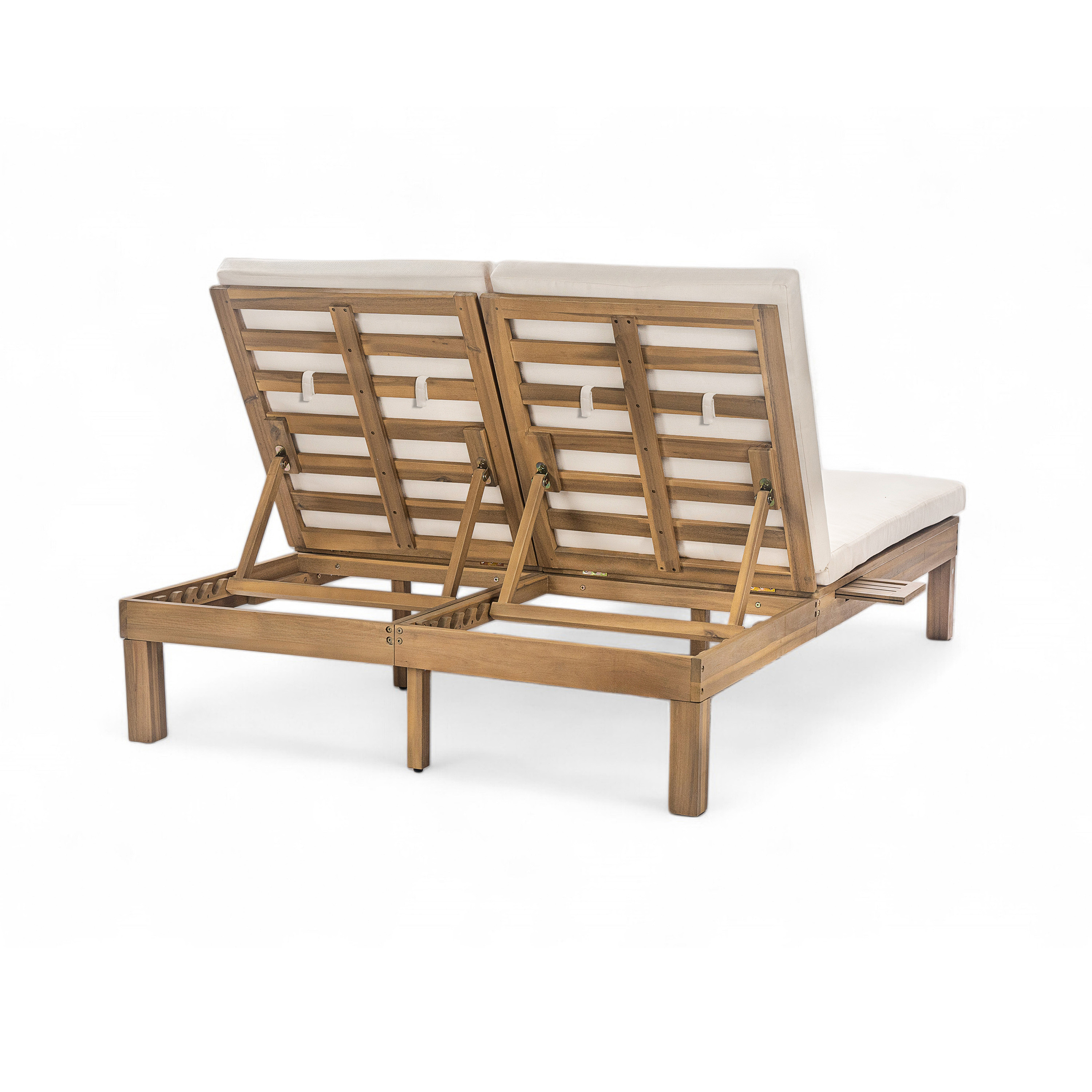 TREXM 5-Position Adjustable Backrest Double Chaise Lounge Outdoor, Outdoor Chaise Lounge with Cushion and Folding Side Trays for 2 People, Patio Double Chaise Lounge for Poolside Garden, Light Teak