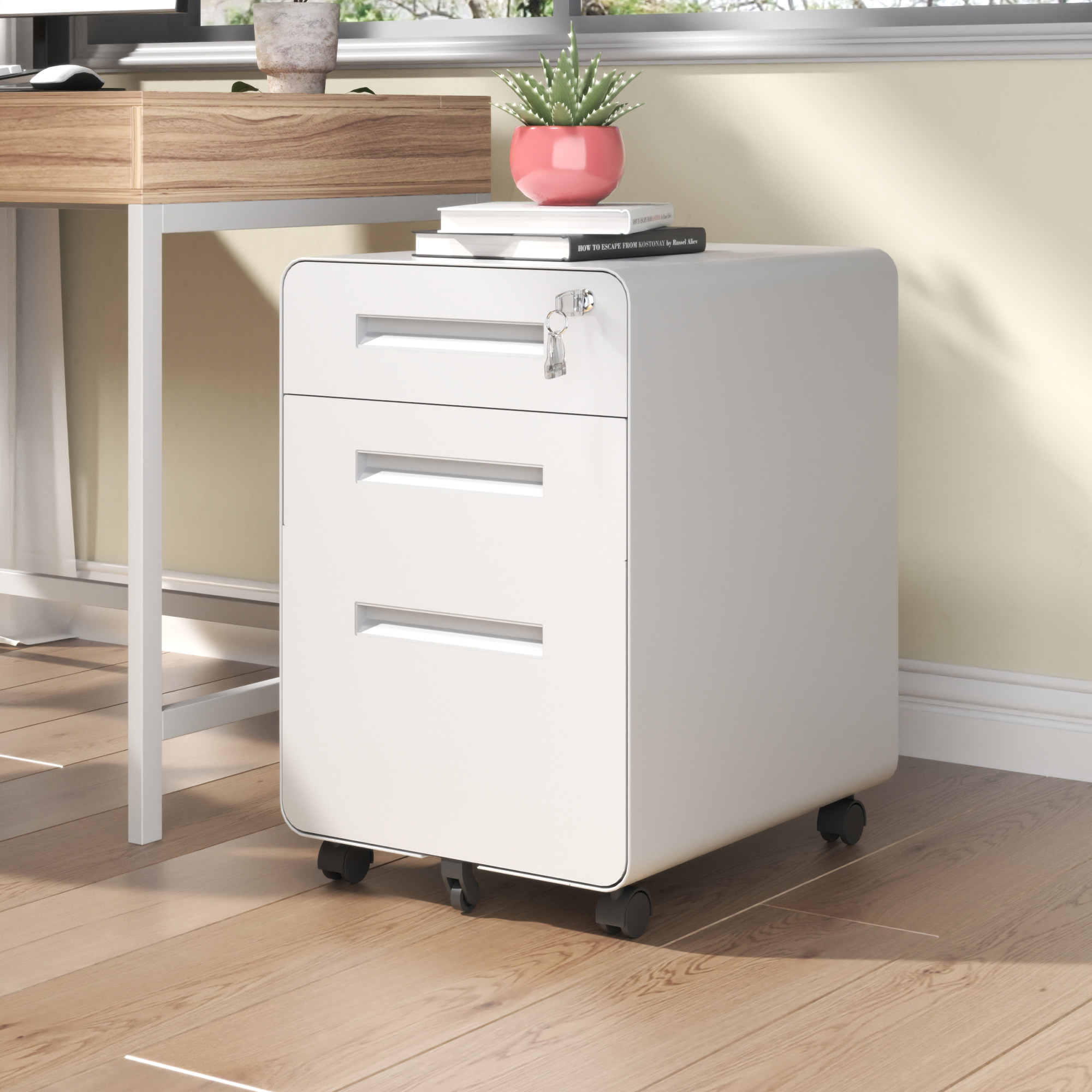 3-Drawer Wide Mobile File Cabinet with Lock, All-Steel Metal Storage Cabinet on Casters, for Home & Office,White, Fully Assembled, Holds A4/Letter Files, 110lbs/Drawer