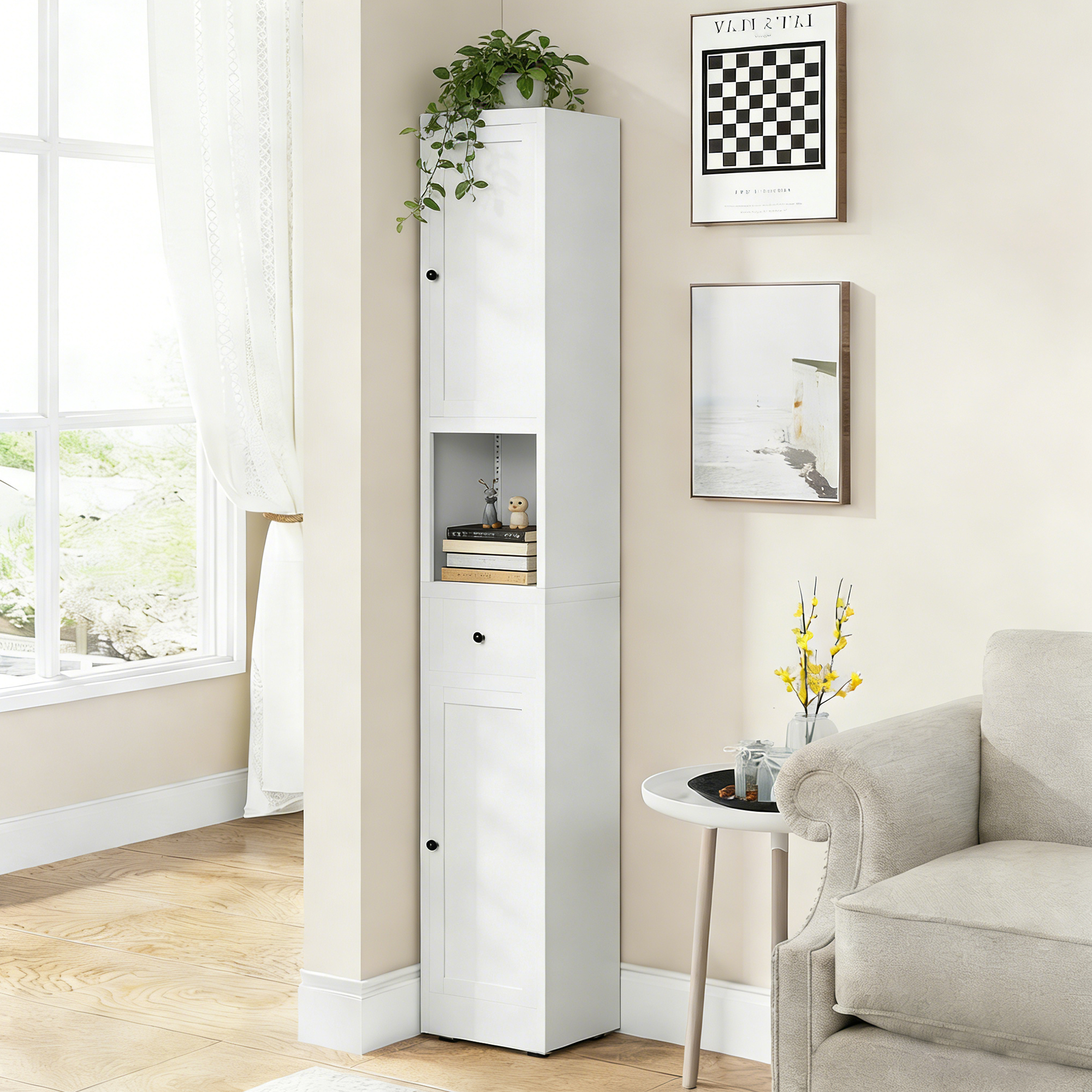 71 Inch Tall Bathroom Storage Cabinet, 5-Tier Narrow Metal Cabinet with 2 Doors & Adjustable Shelves, Freestanding Cabinet for Space Saving in Kitchen, Laundry Room, Pantry, White