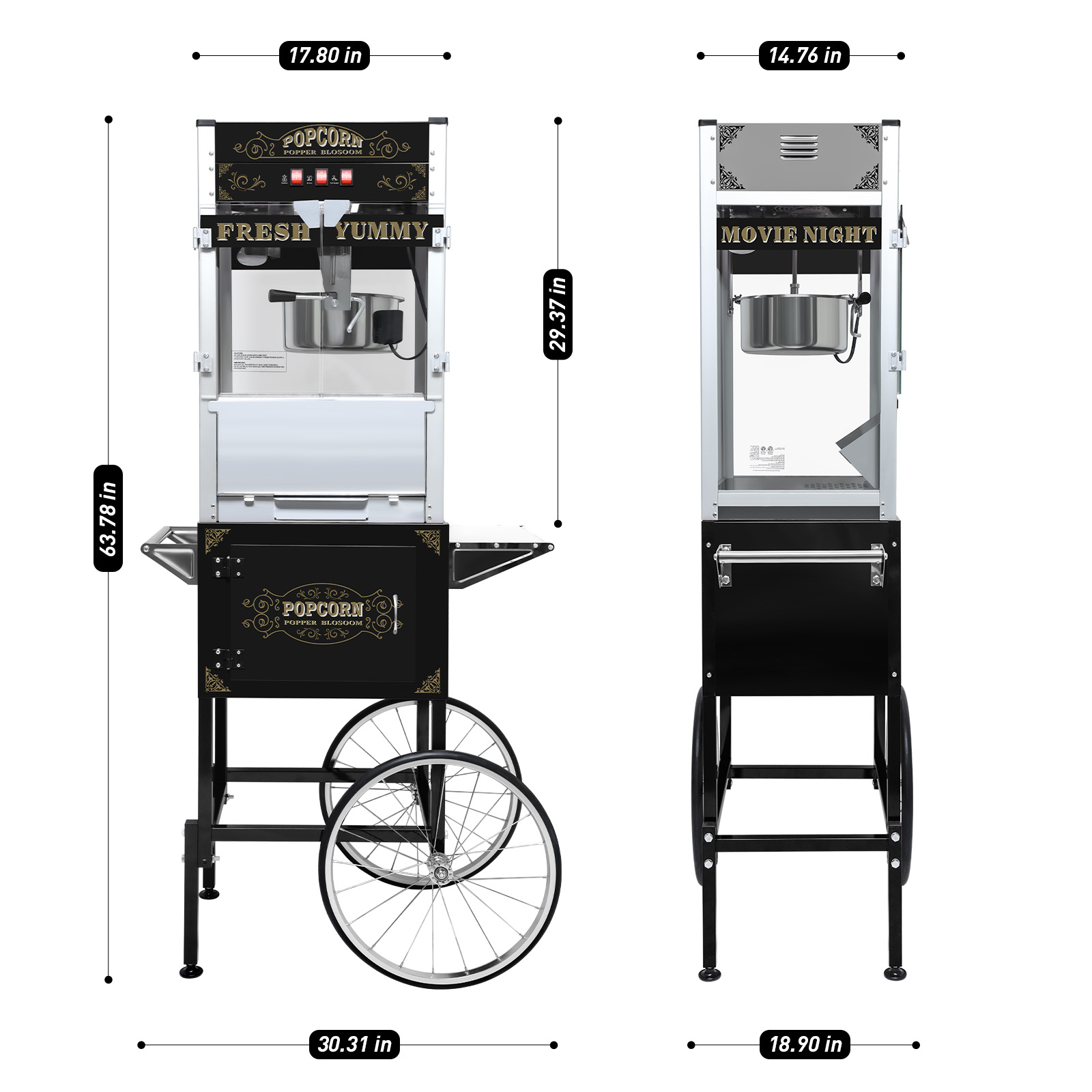 Commercial Popcorn Machine with Cart and 20-Ounce Kettle,Vintage-Style Popper on Wheels with Tempered Glass, Warming Deck, 1450W Popcorn Popper for Parties, Events, and Home Theater (Black)