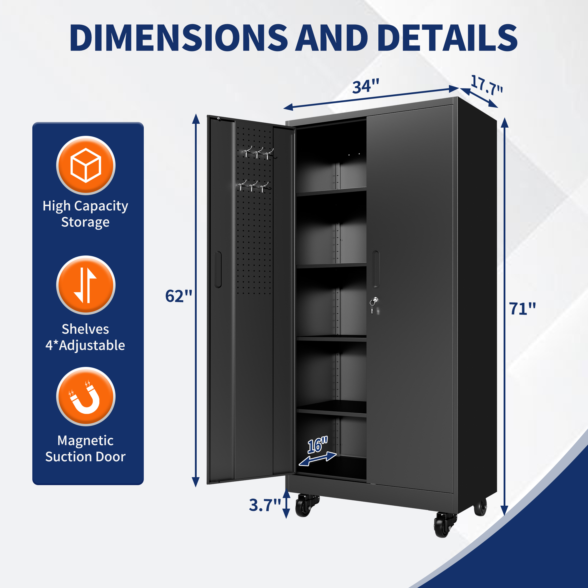 Heavy Duty Metal Storage Cabinet with Doors and Wheels, 71