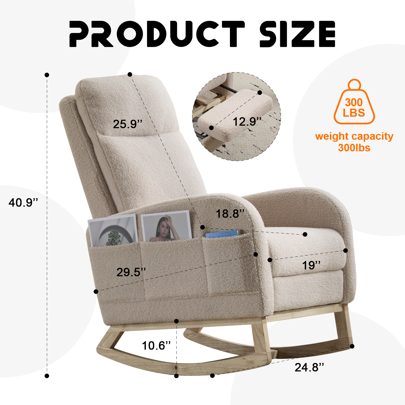 Modern Accent Rocking Chair Rocking Chair with Solid Wood Legs, Upholstered Nursery Glider Rocker Side Pocket and Footrest, Living Room Lounge Arm Chair with High Backrest (beige,teddy)