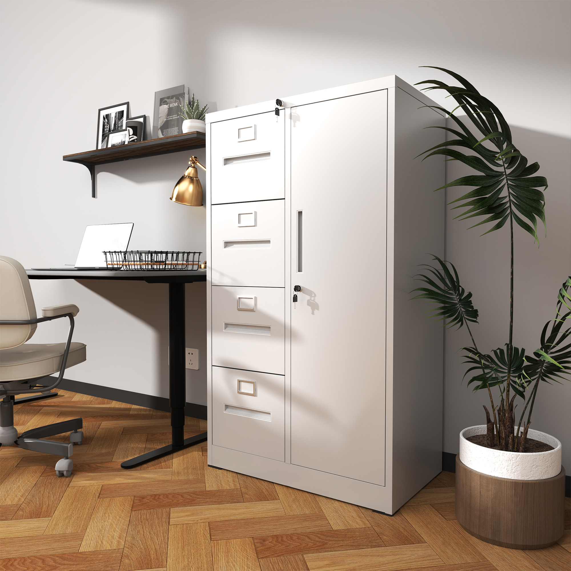 Metal Storage Vertical Filing Cabinet with Lock,  Steel File Locker with 4 Drawers and 1 door for School, Living Room, Bedroom, Office (White)