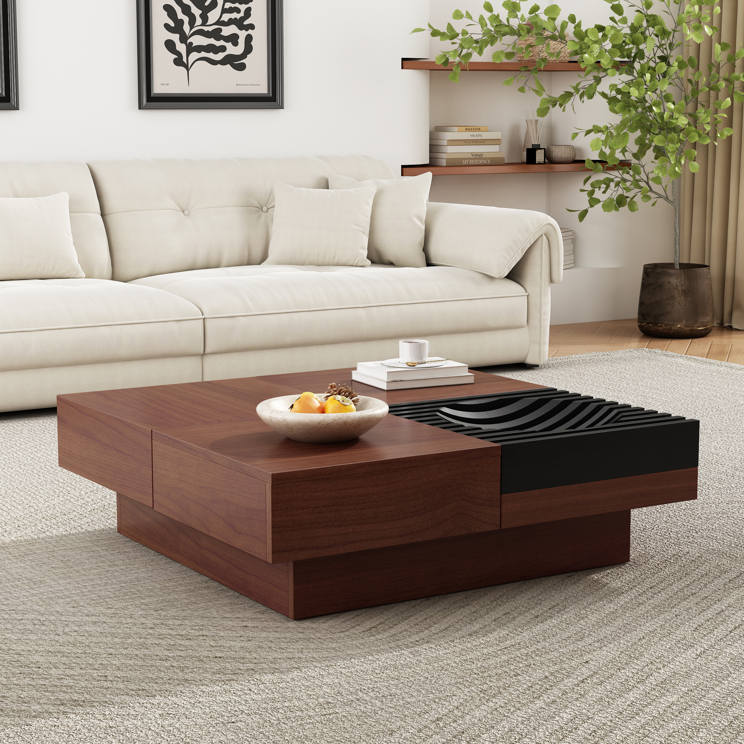 ITALIAN RETRO - INSPIRED ACACIA WOOD STORAGE COFFEE TABLE ,BROWN & BLACK COLOR