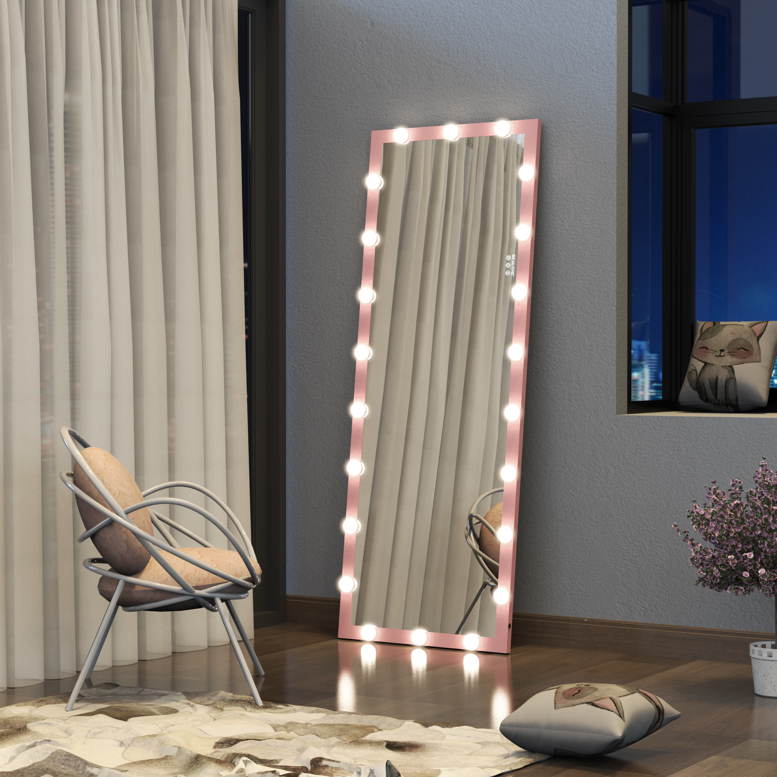 Hollywood Full Length Mirror with Lights Full Body Vanity Mirror with 3 Color Modes Wall Lighted  Standing Floor Mirror for Dressing Room Bedroom Hotel Touch Control Pink 62.6