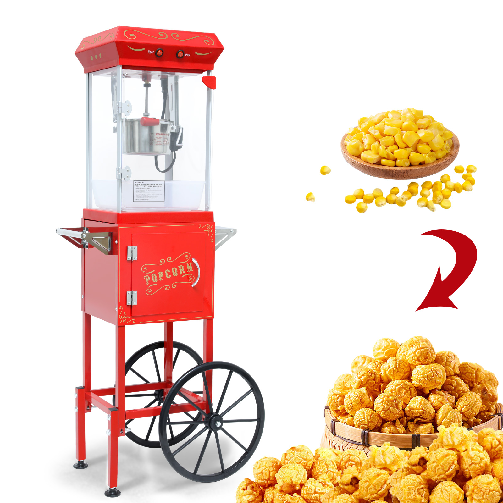 Popcorn Machine with Cart, with Wheels & 6 Oz Pot Popcorn maker Equipped with Popcorn Scoops & Tools, Mobile Cart with Lockers for Commercial Home Movie Theater Vintage Style (Red)