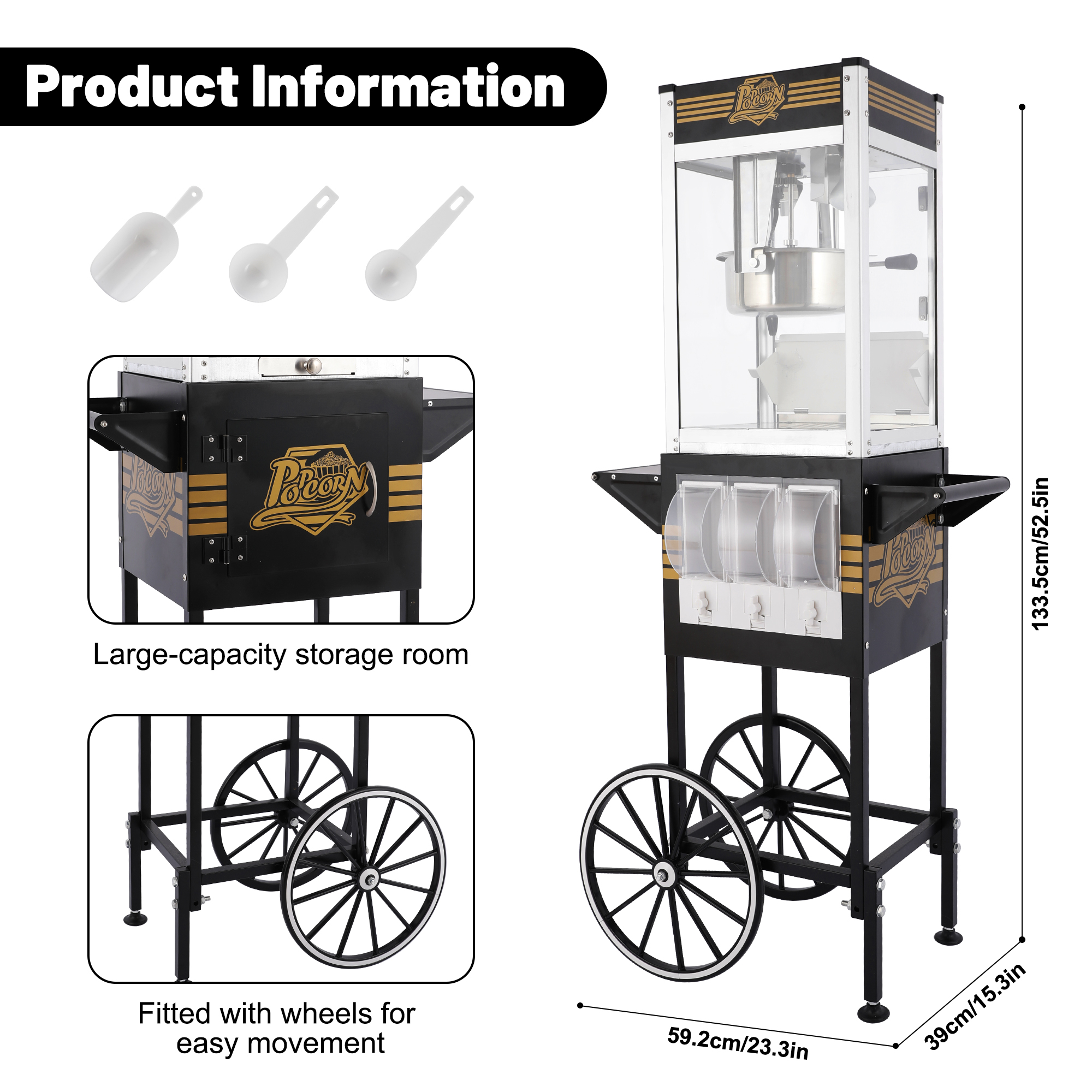 12oz Commercial Popcorn Machine with Cart, 3 Control Buttons Electric Popcorn Maker, Comes with 3 Candy Storage Boxes & 3 Plastic Spoons, Retro Popcorn Popper for Movie Theater Snack Bar.