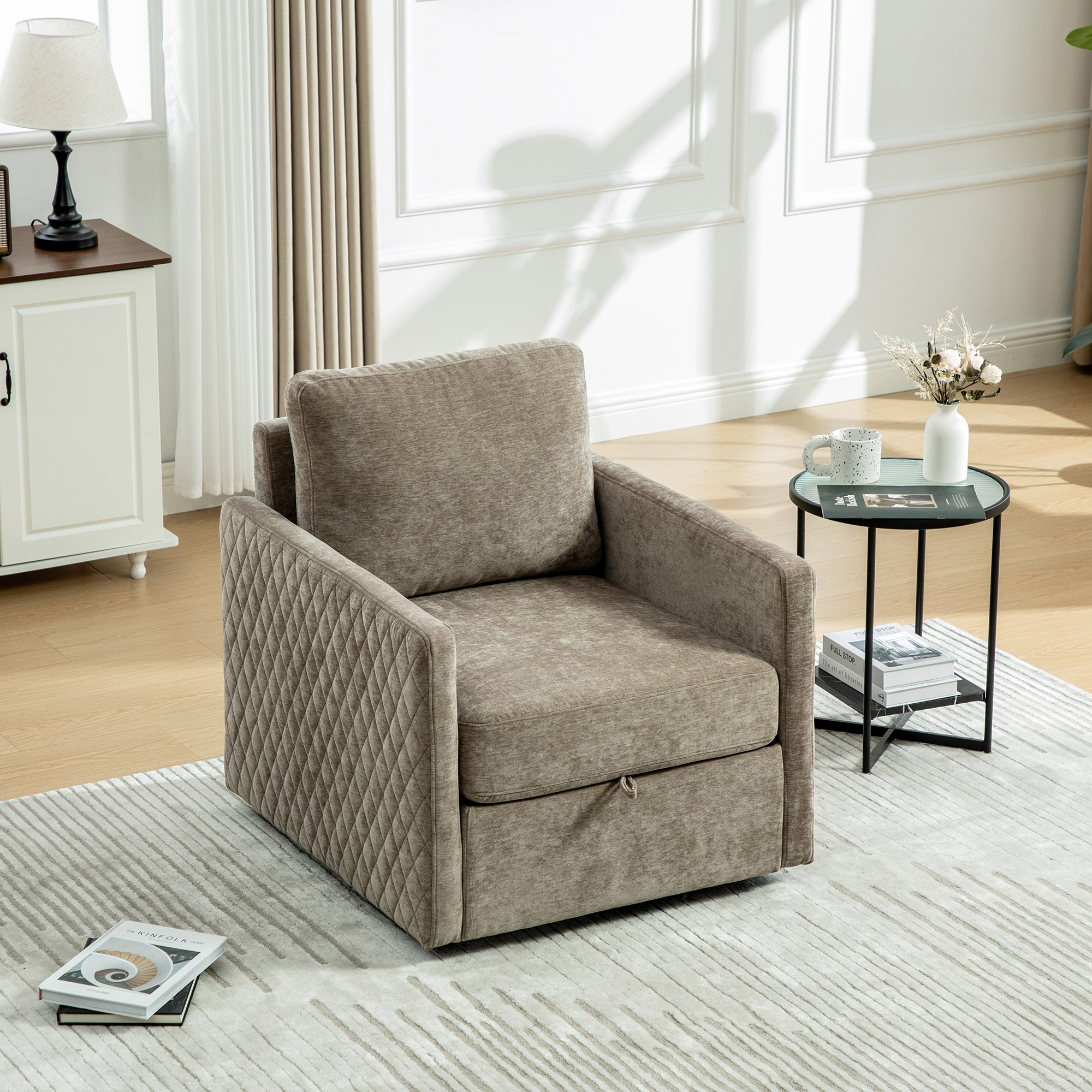 29.5''W Upholstered 360° Swivel Armchair with Hidden Storage, Comfy Diamond-Shape Tufted Armrests Accent Square Club Chair Single Sofa with Pillow for Living Room, Bedroom,Reading Nook,Corner, Taupe
