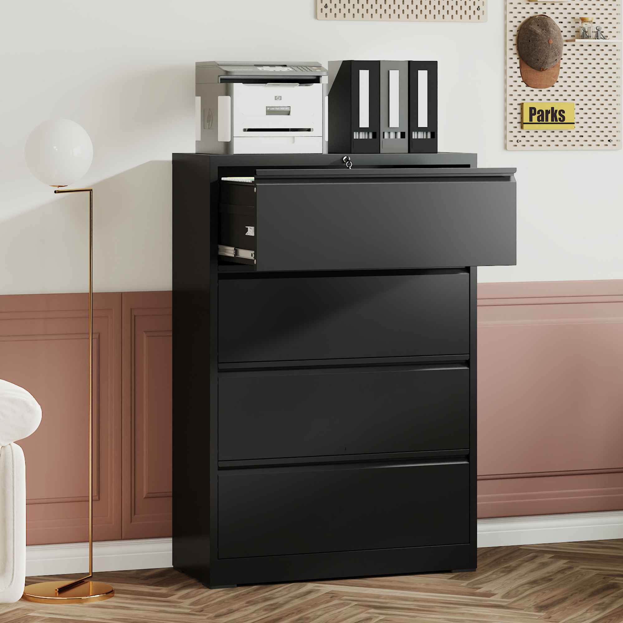 4 Drawer Lateral File Cabinet, Heavy Duty Metal Filing Cabinet, 35.4 Inch Wide Locking File Cabinet for Home Office, Space-Saving Vertical Storage with Anti-Tip Interlock, for Letter/Legal/A4 Files