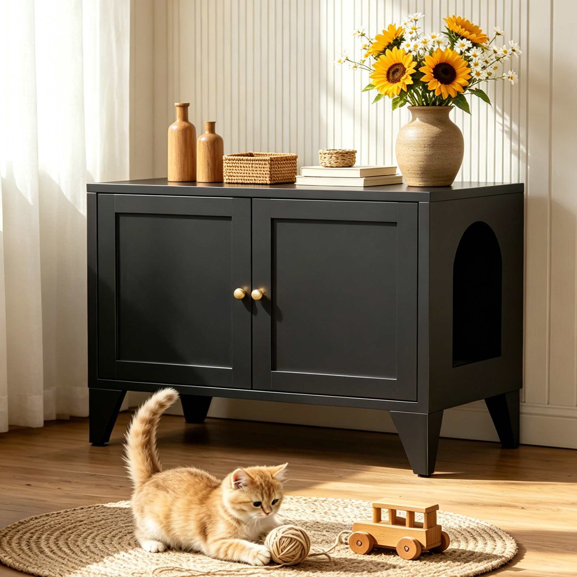 Metal Cat Litter Box Enclosure, Modern Hidden Litter Box Furniture, Indoor Pet Litter Box Cabinet