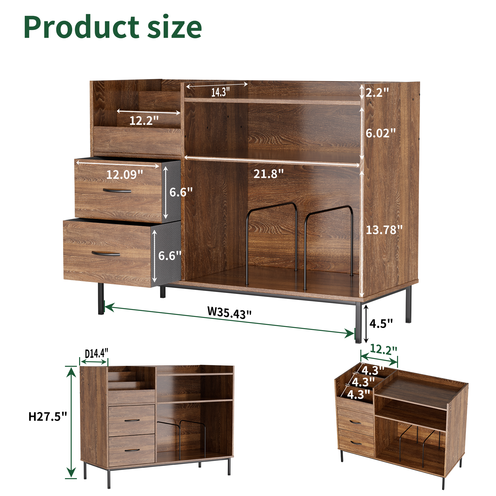 Record Player Stand with Storage for 500+ Albums, Mid-Century Modern Turntable Shelf & Drawers  Sturdy Wood & Metal Audio Console for Living Room