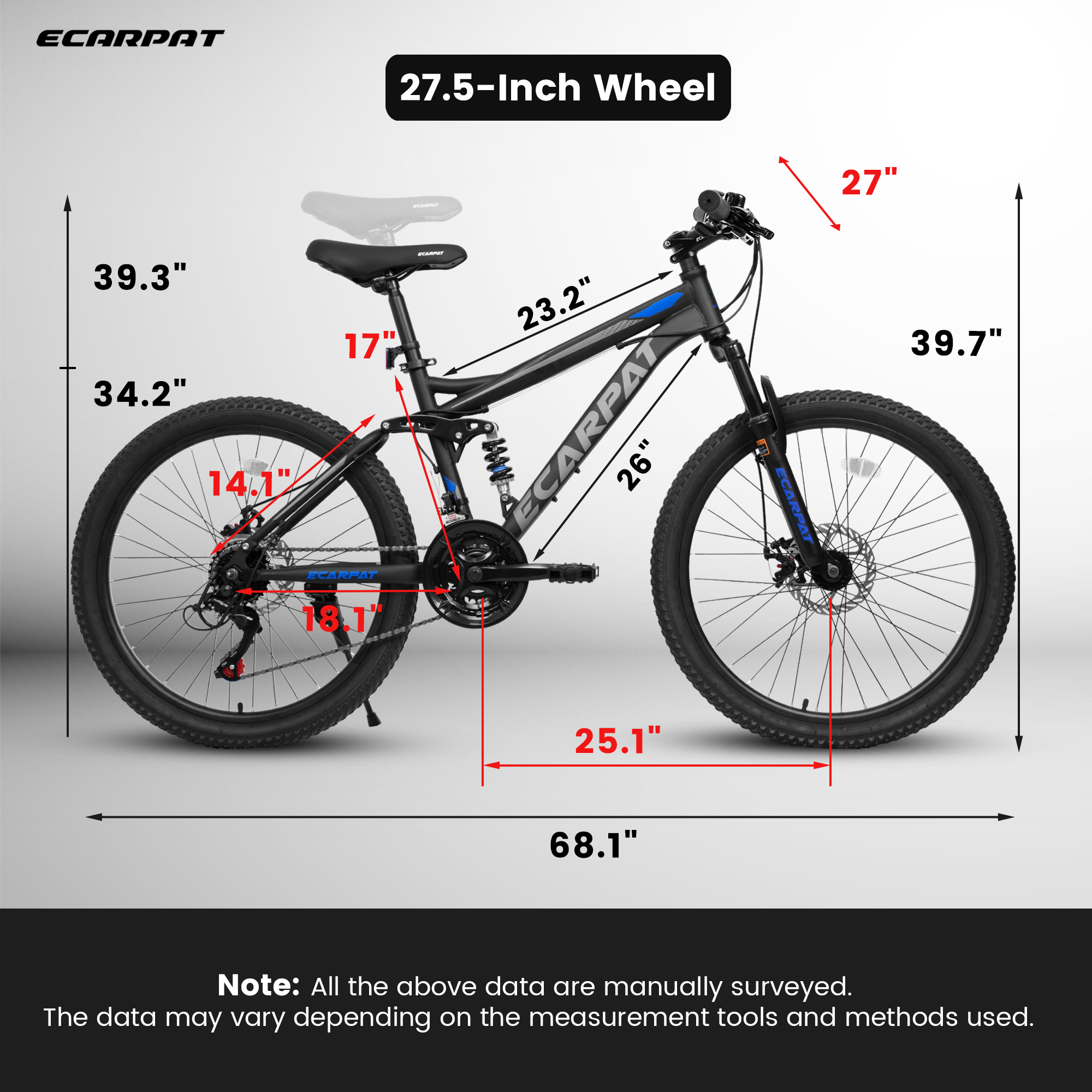 A2760  27.5 Inch Full Suspension Mountain Bike, Front and Rear Dual Shock Absorbers, Mechanical Disc Brakes, 21-Speed, Suitable for Men and Women, Ideal for Travel and Fitness Enthusiasts